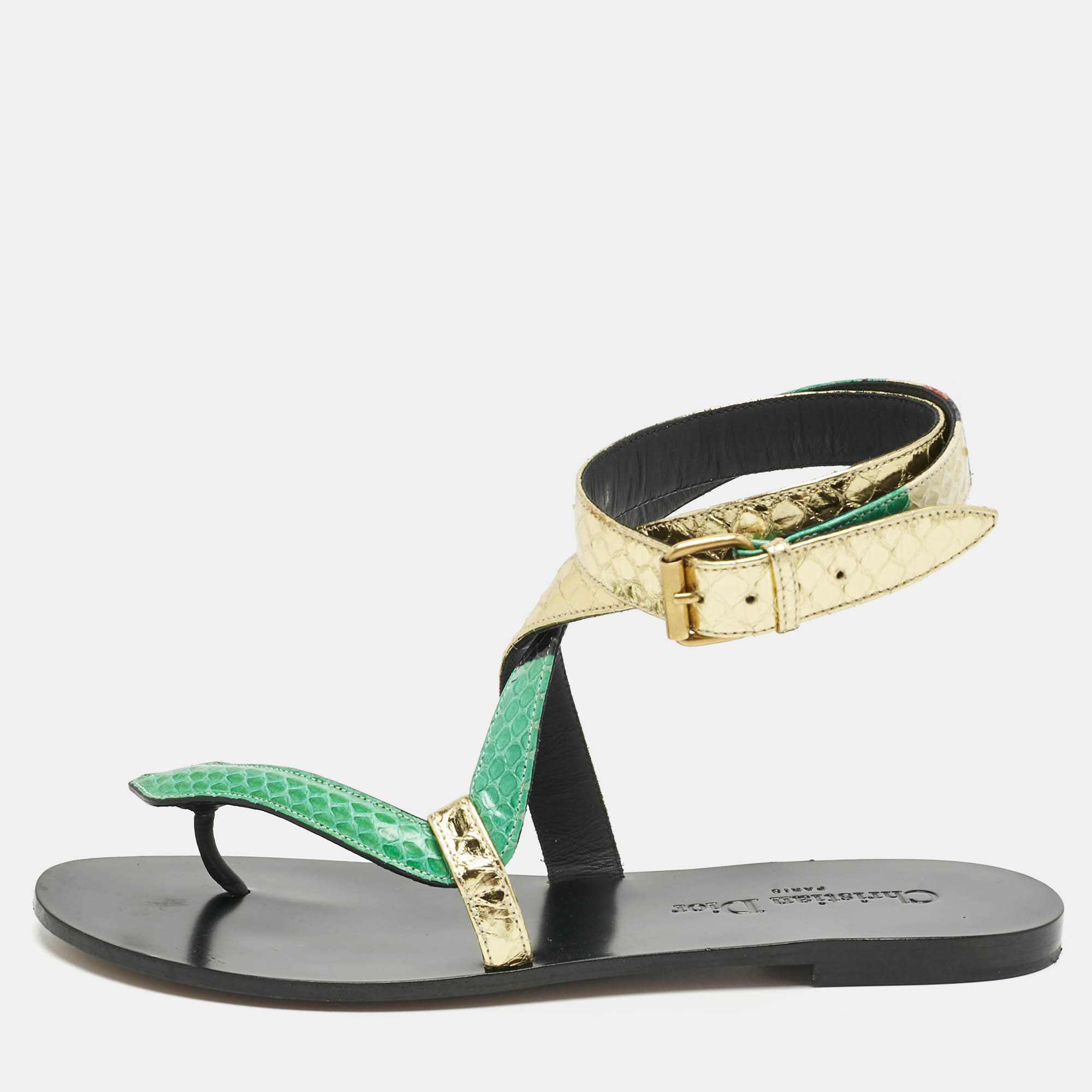 

Dior Multicolor Snakeskin Ankle Wrap Flat Sandals Size