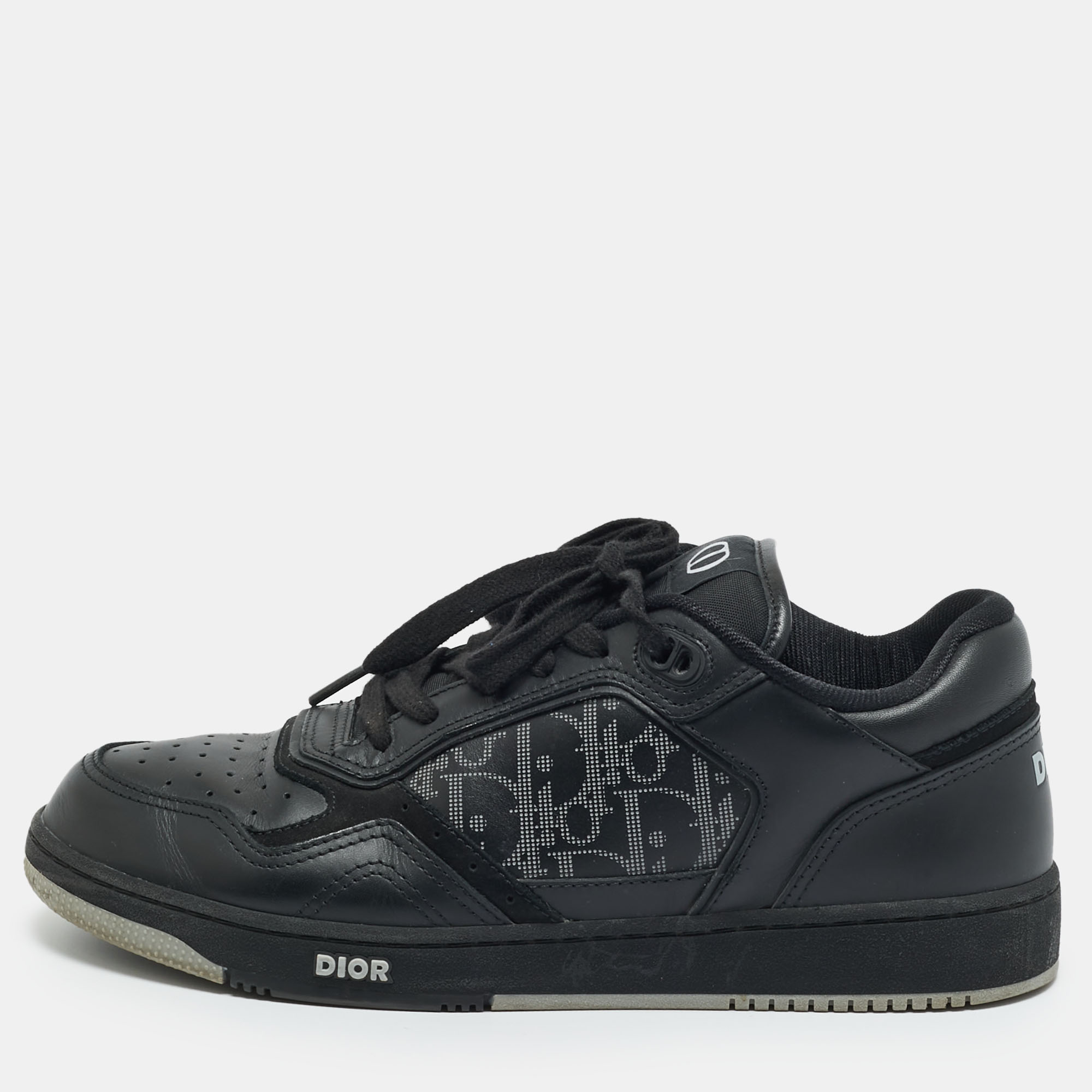 Pre-owned Dior Black Leather And Oblique Canvas B27 Sneakers Size 39.5