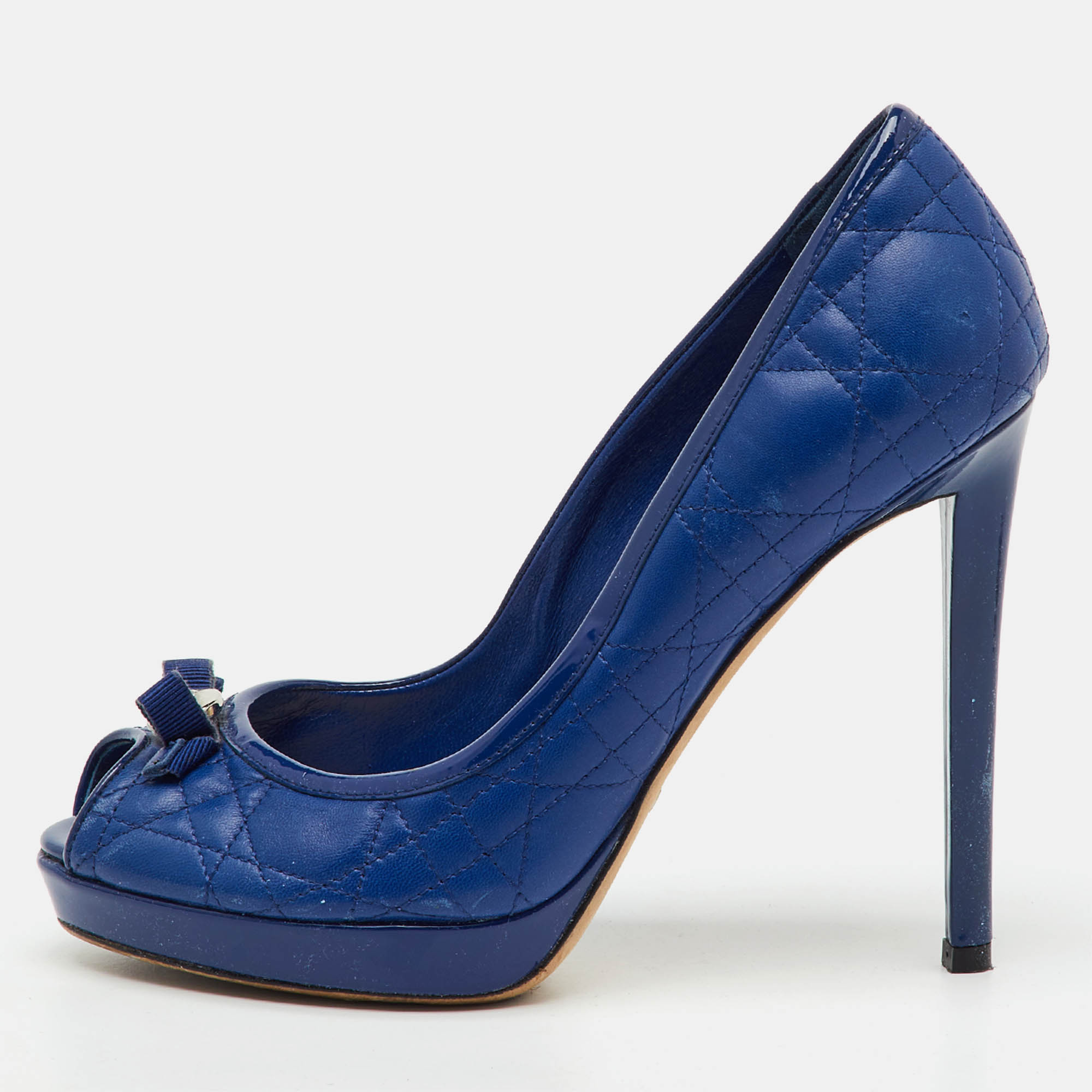 Pre-owned Dior Blue Cannage Leather And Patent Bow Peep Toe Platform Pumps Size 37