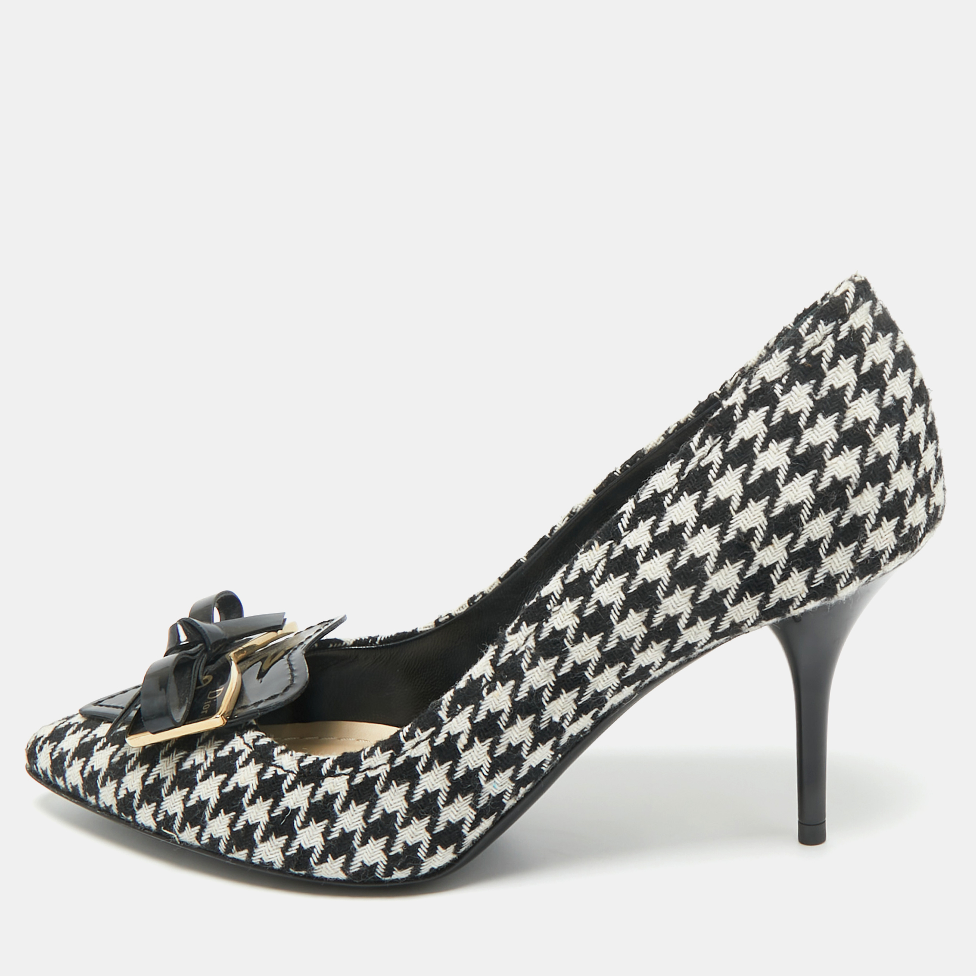 Pre-owned Dior Black/white Knit Fabric Bow Pointed Toe Pumps Size 36