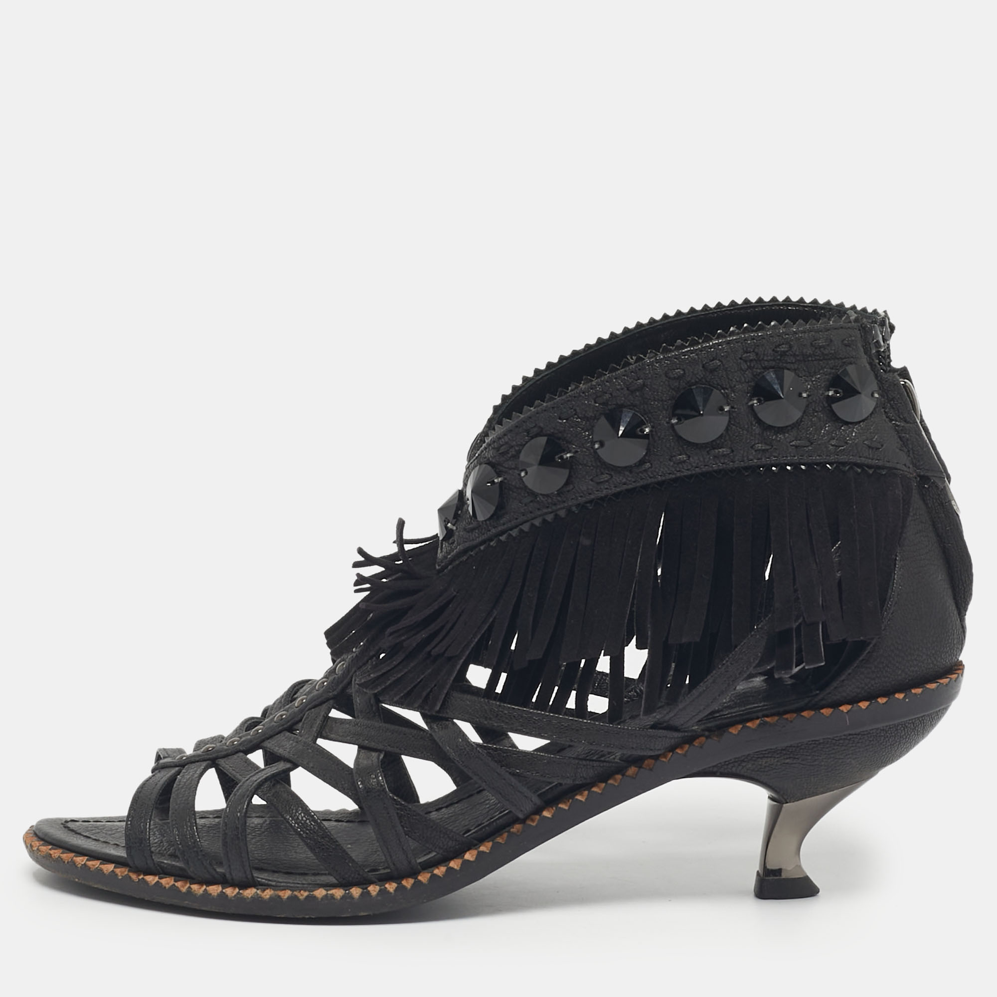 Pre-owned Dior Black Leather Crystal Embellished Strappy Sandals Size 36