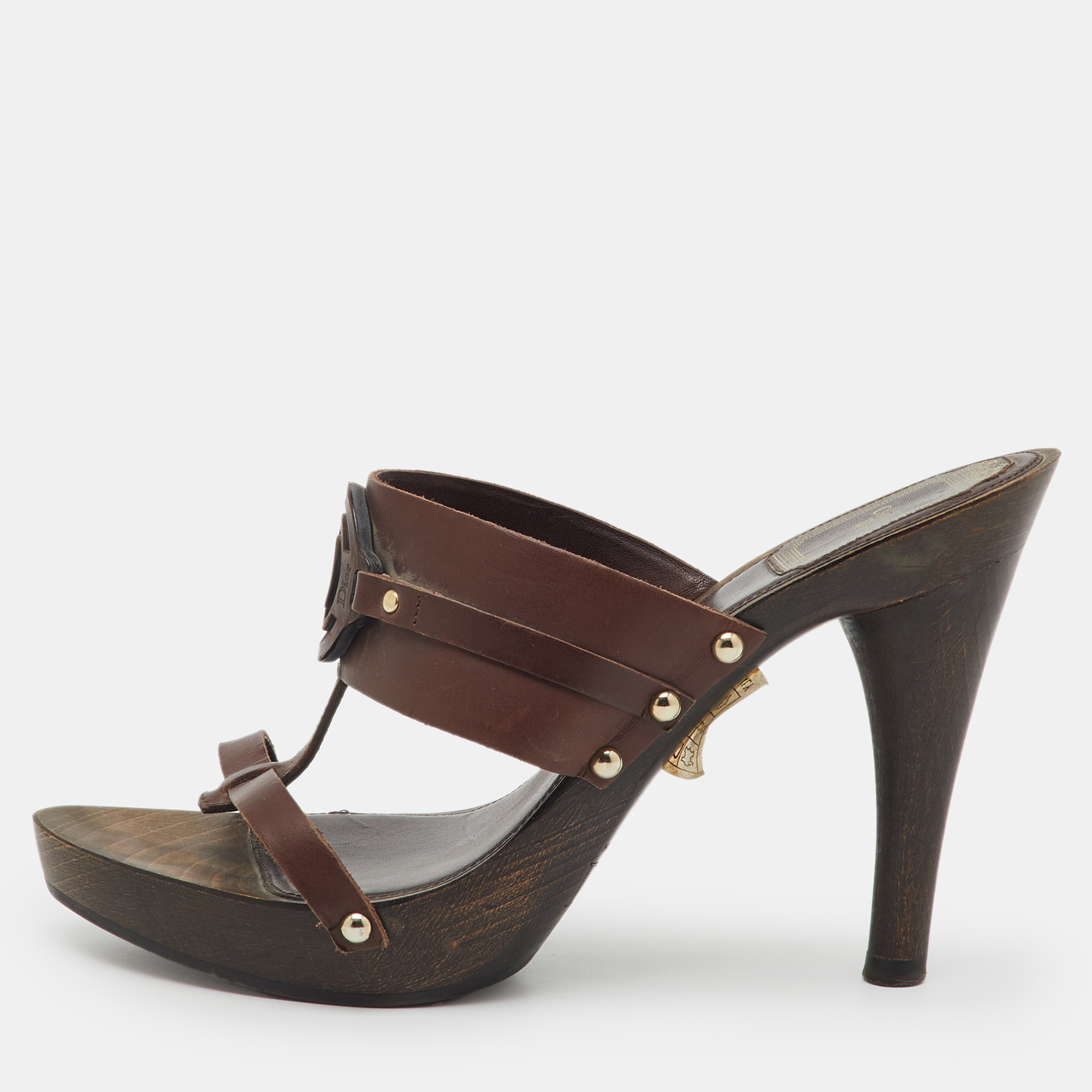 Pre-owned Dior Dark Brown Leather Logo Platform Wooden Clogs Size 37