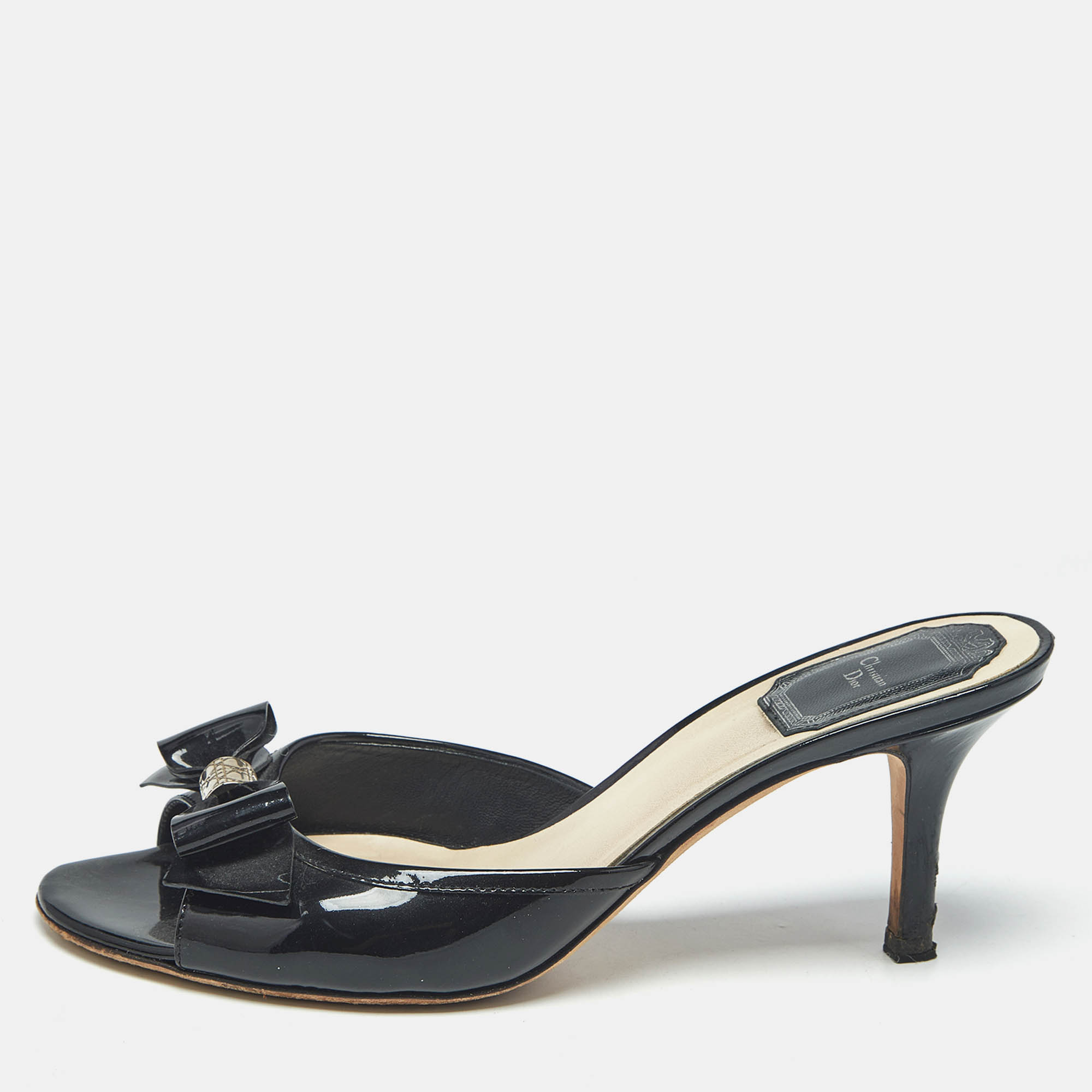 

Dior Black Patent Leather Bow Detail Open Toe Slide Sandals Size
