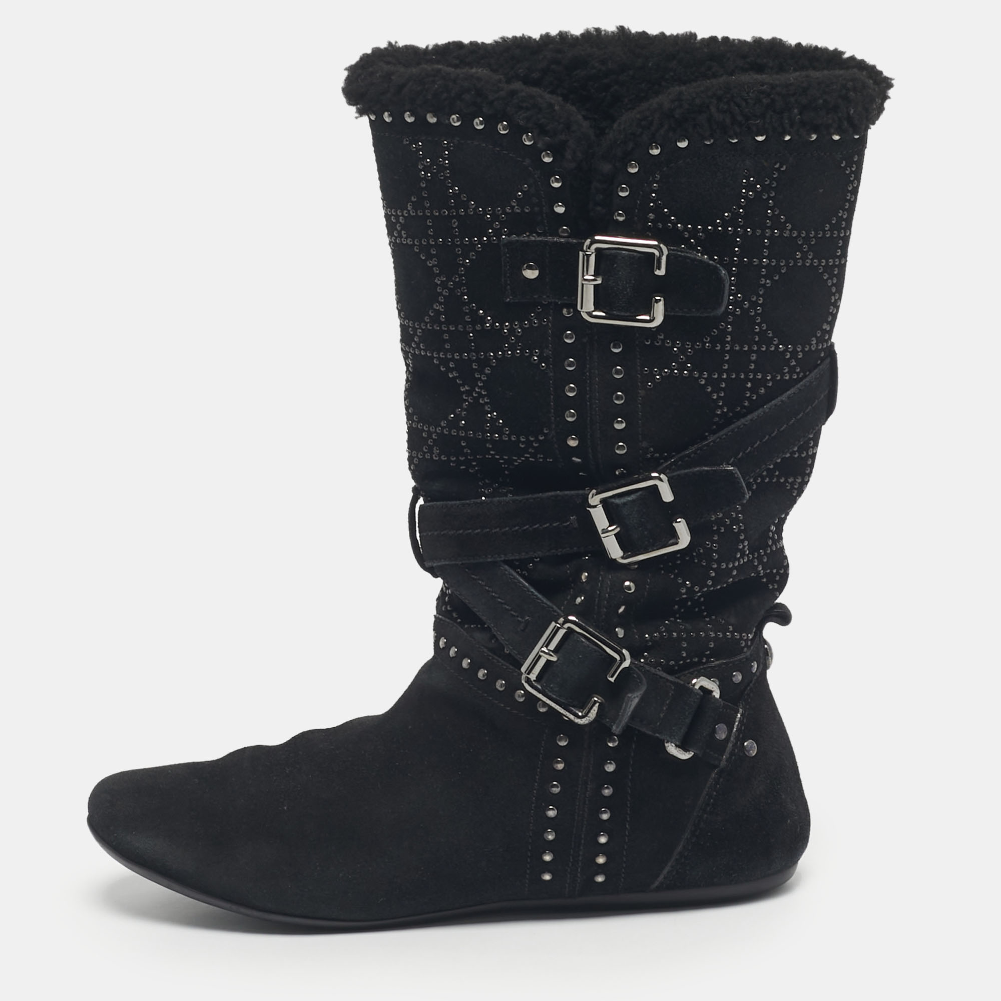 Pre-owned Dior Black Suede Studs Mid Calf Riding Boots Size 36