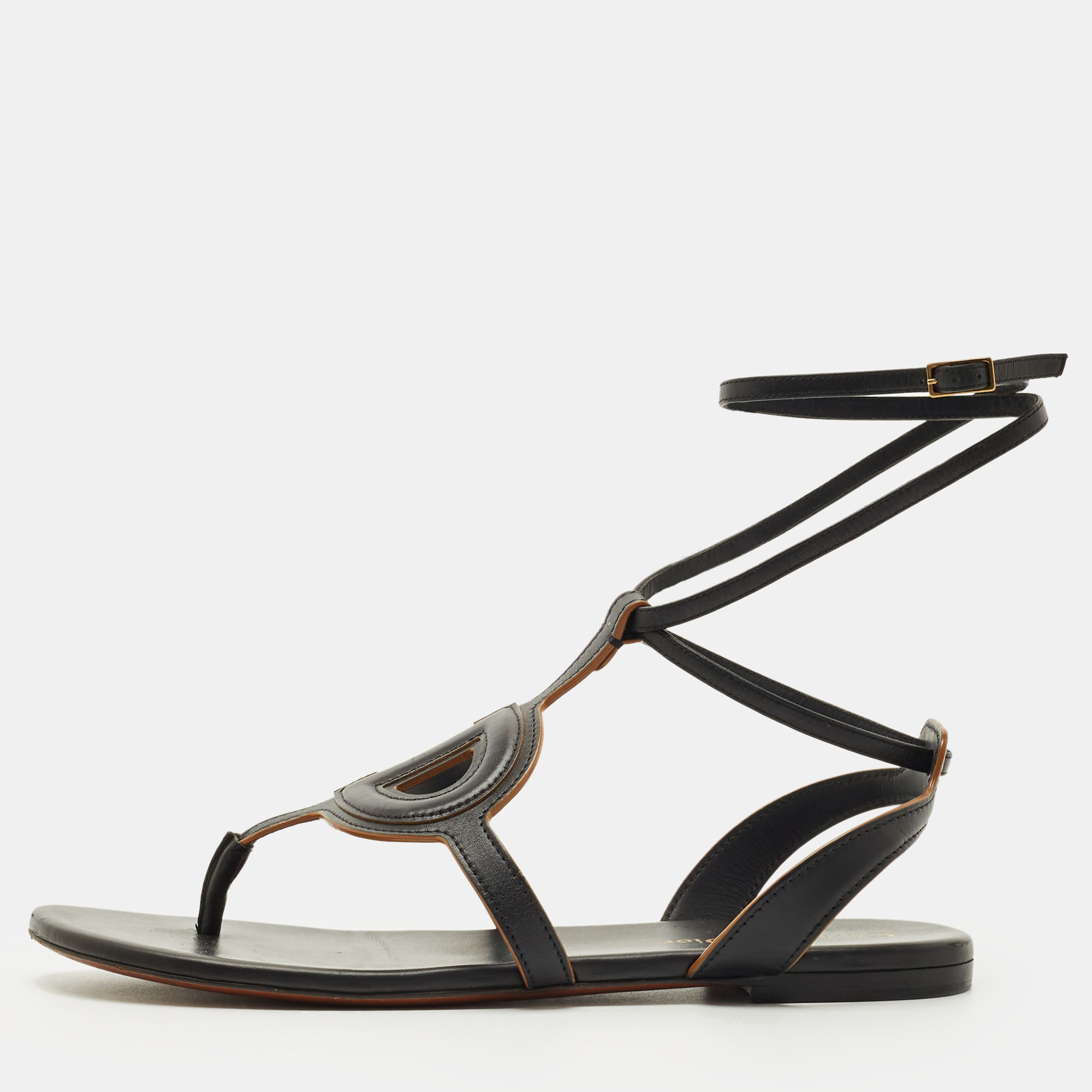 Dior Black Leather D-Club Flat Sandals Size 38.5