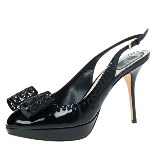 Dior Black Patent Leather Cannage Bow Detail 'Butterfly' Slingback Sandals Size 41