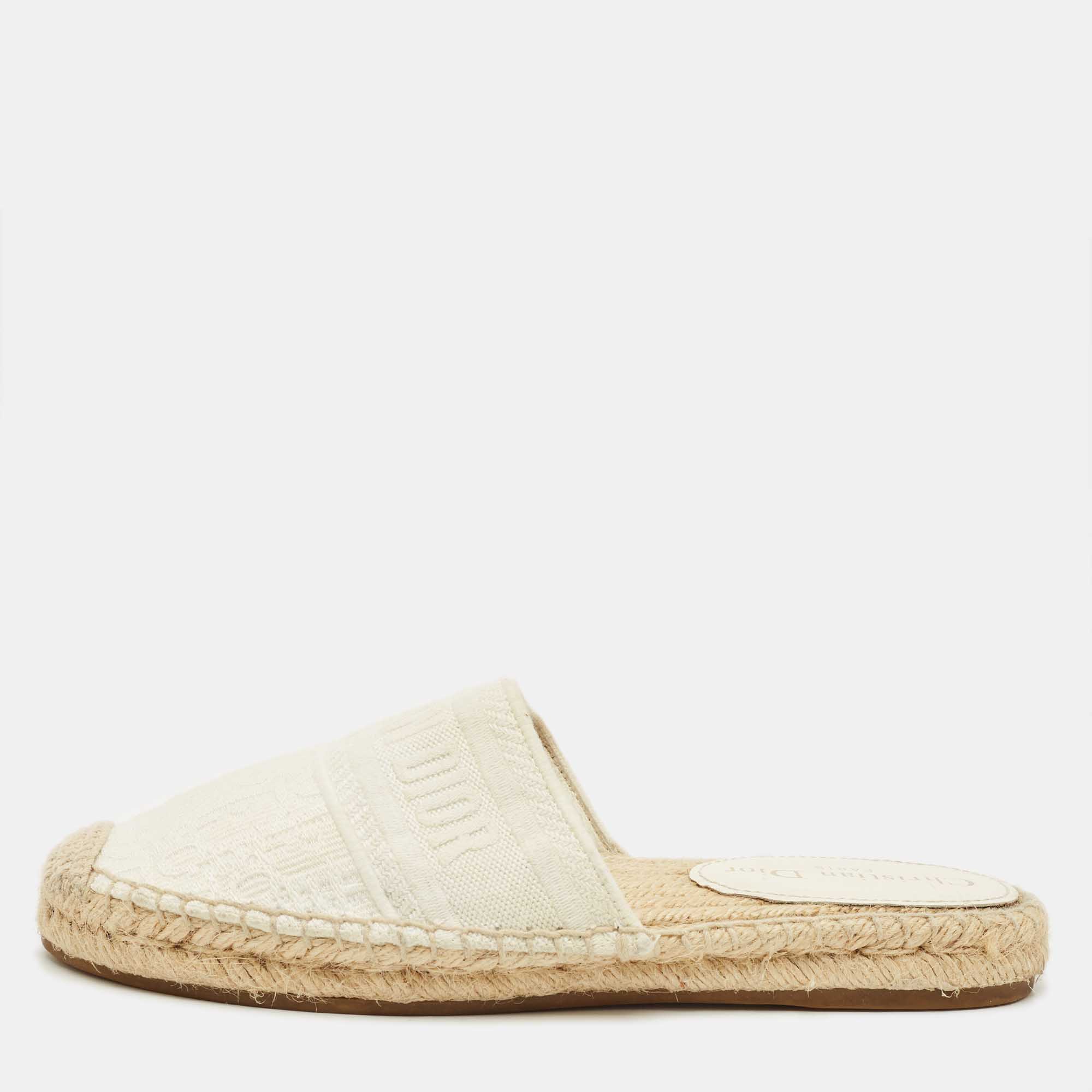 Pre-owned Dior Off White Oblique Canvas Granville Espadrille Mules Size 36