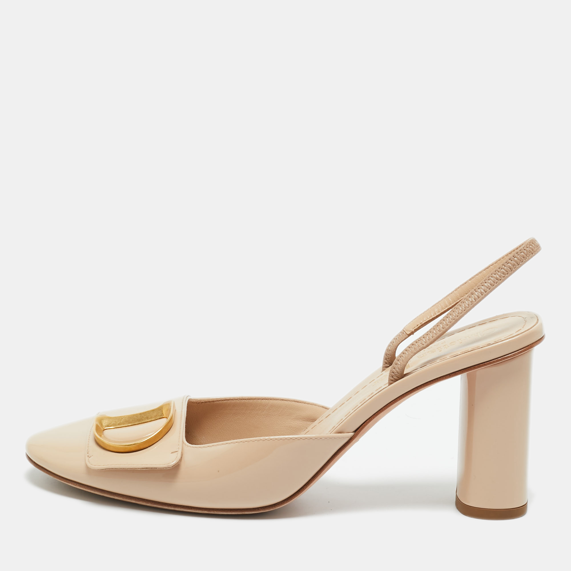 Pre-owned Dior Beige Patent Leather Block Heel Slingback Pumps Size 38 In Sand