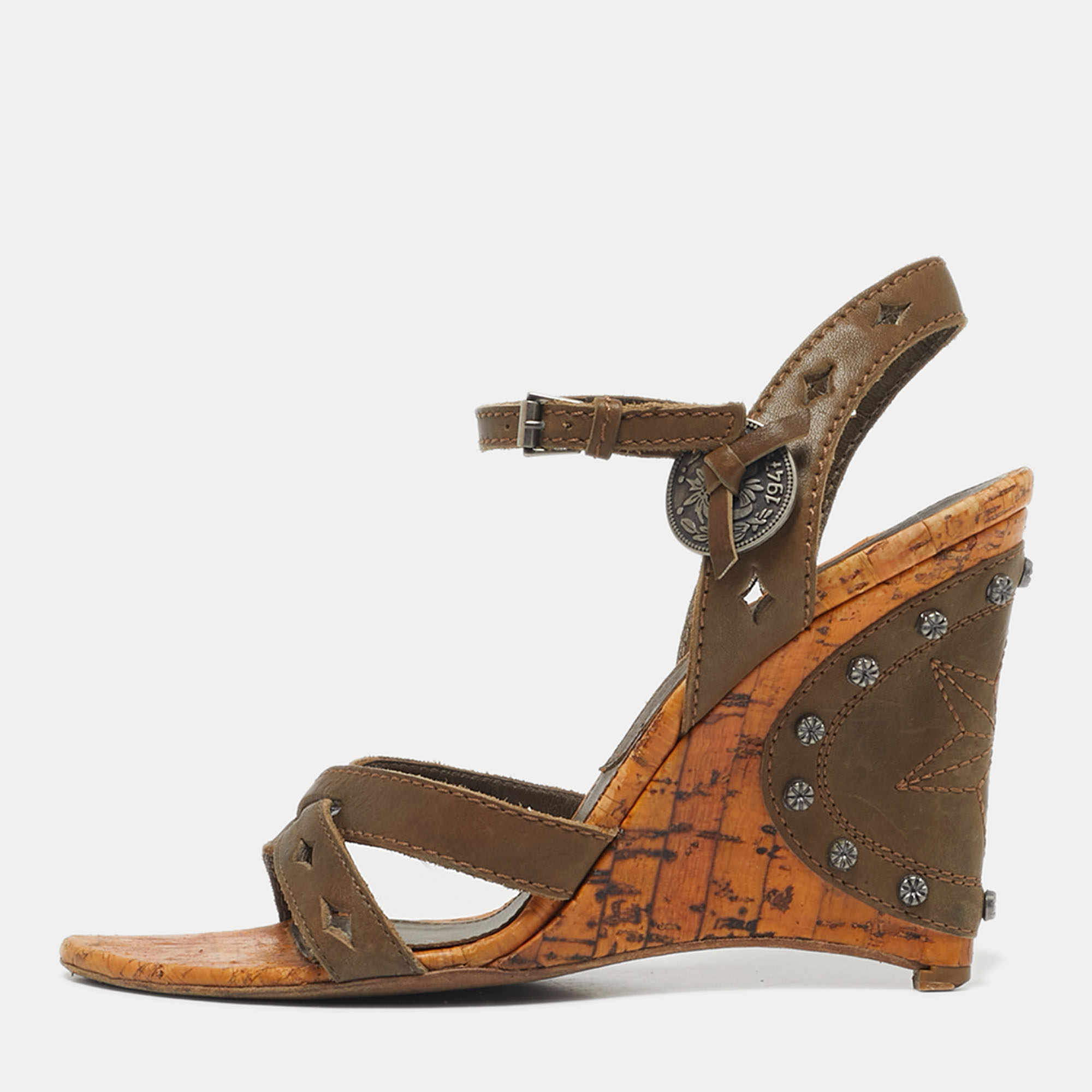 Pre-owned Dior Two Tone Leather Gaucho Wedge Ankle Strap Sandals Size 37 In Brown