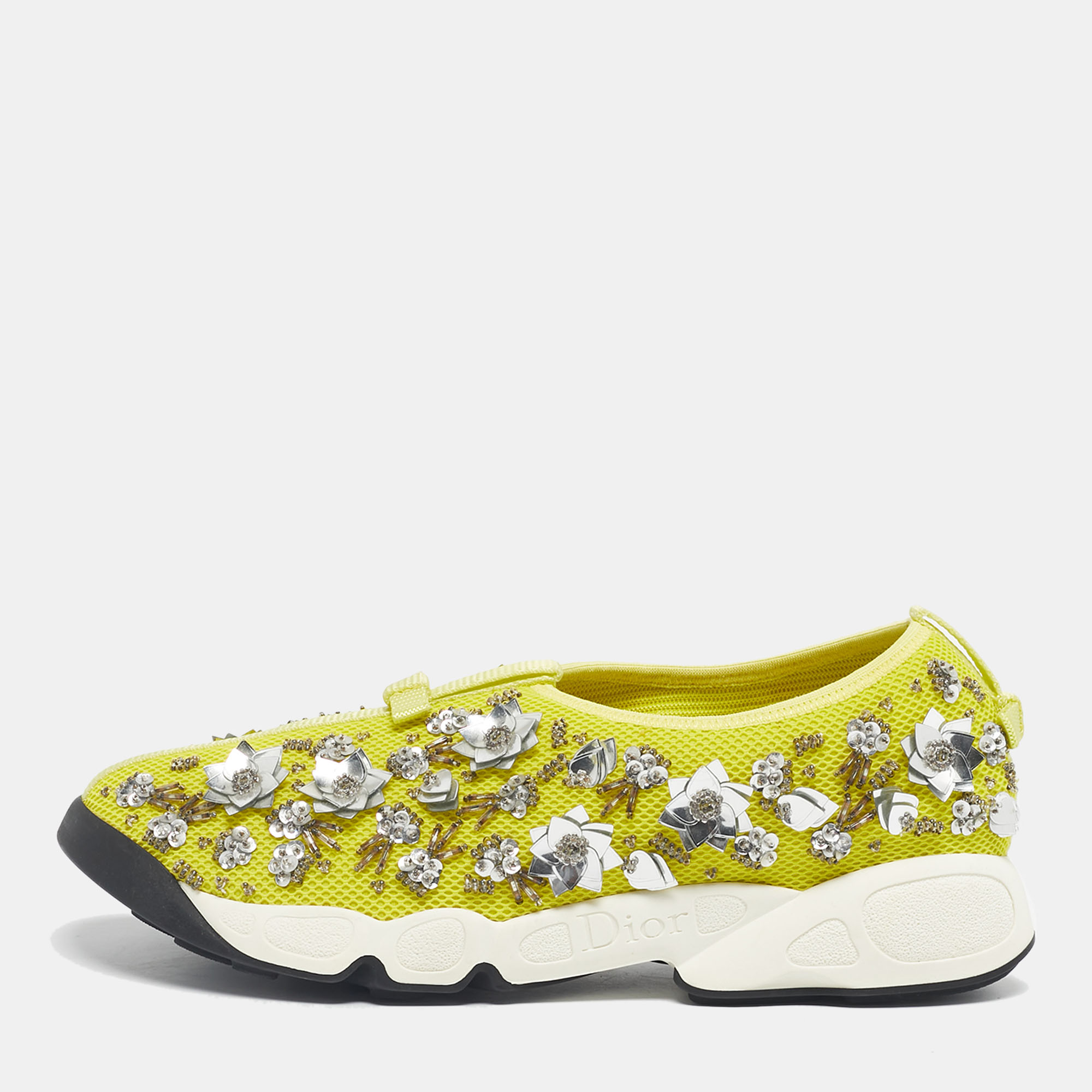 Pre-owned Dior Yellow Mesh Crystal Embellished Fusion Slip On Sneakers Size 39.5 In Green