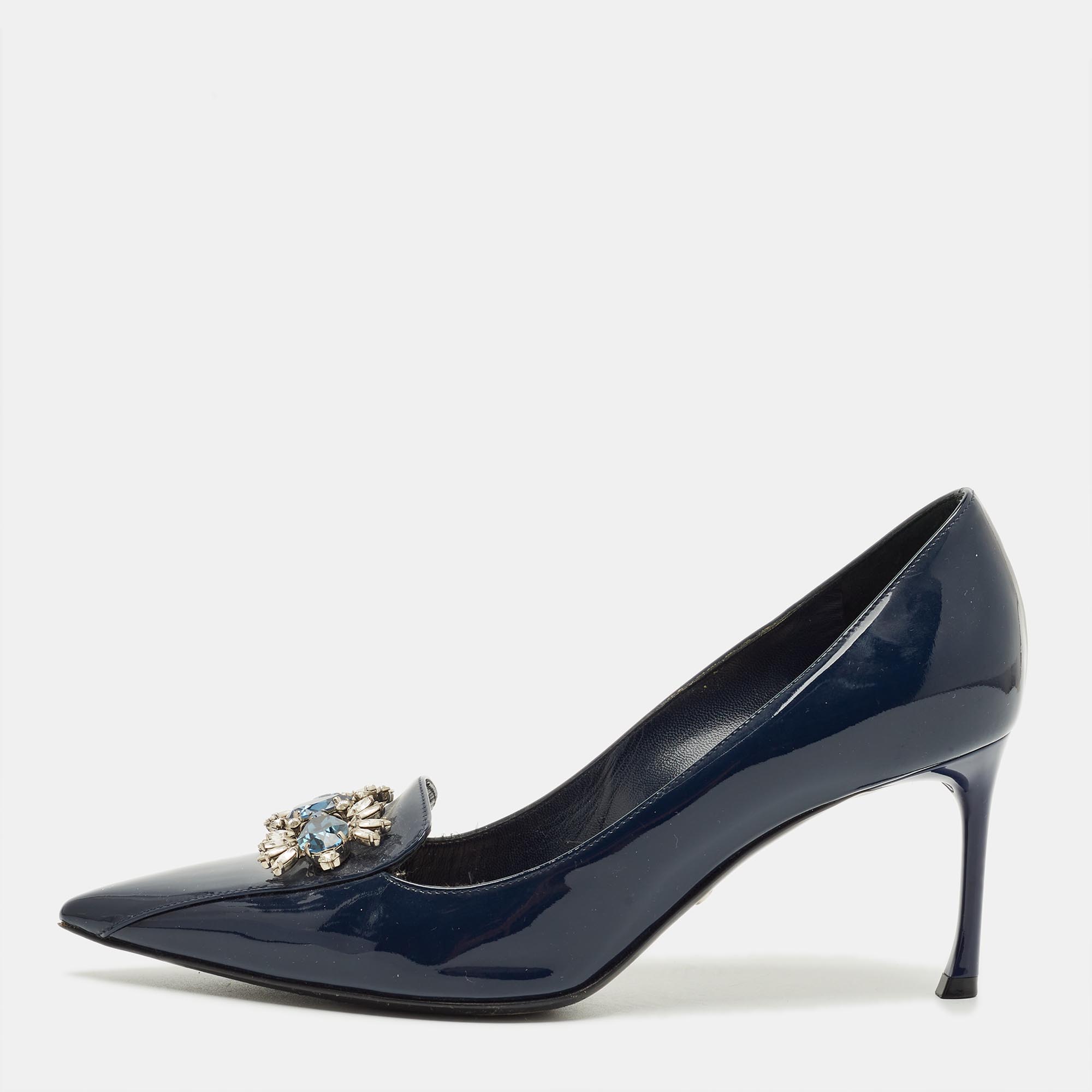 Pre-owned Dior Navy Blue Patent Leather Dianeme Crystal Embellished Pumps Size 37