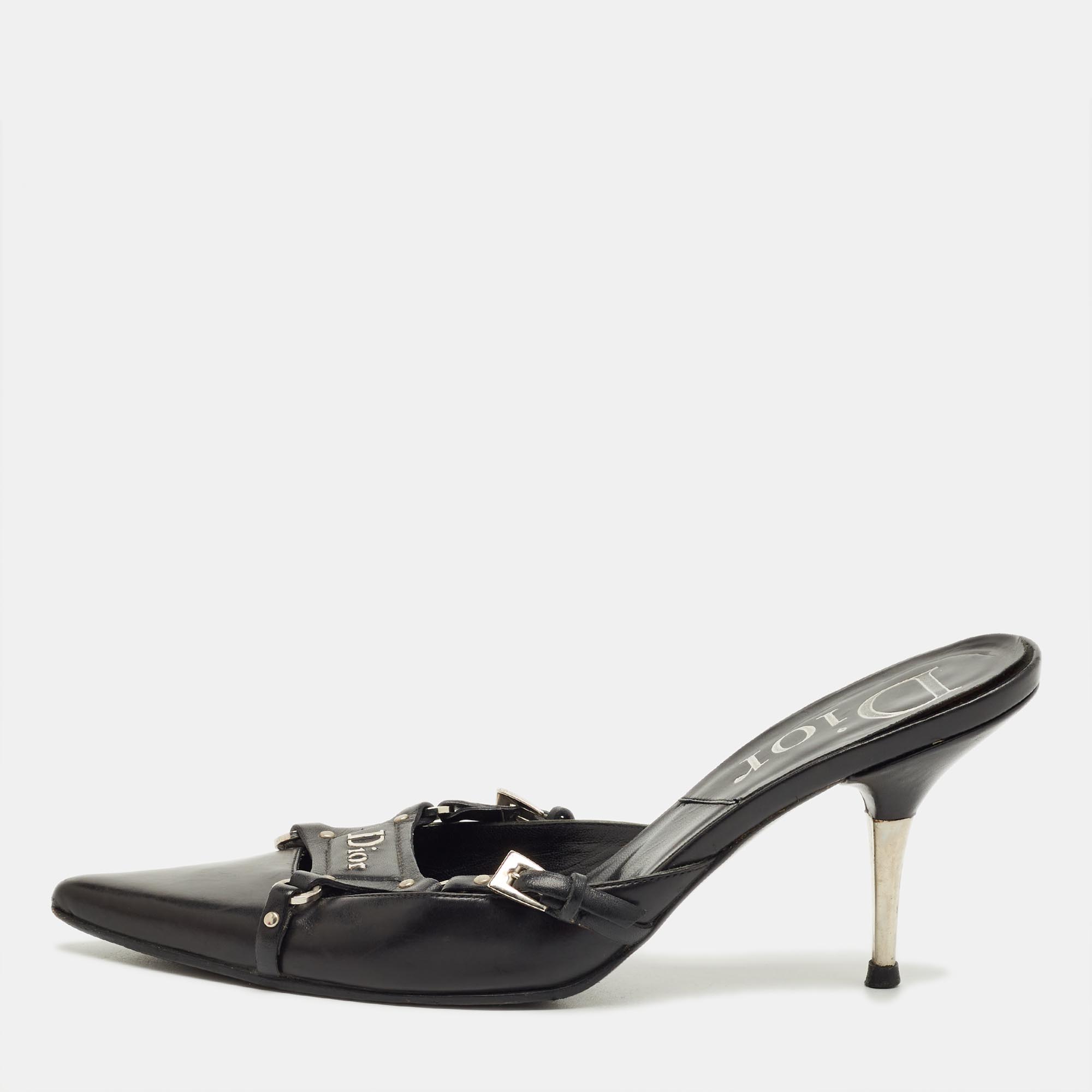 Pre-owned Dior Black Leather Pointed Toe Mules Size 36.5