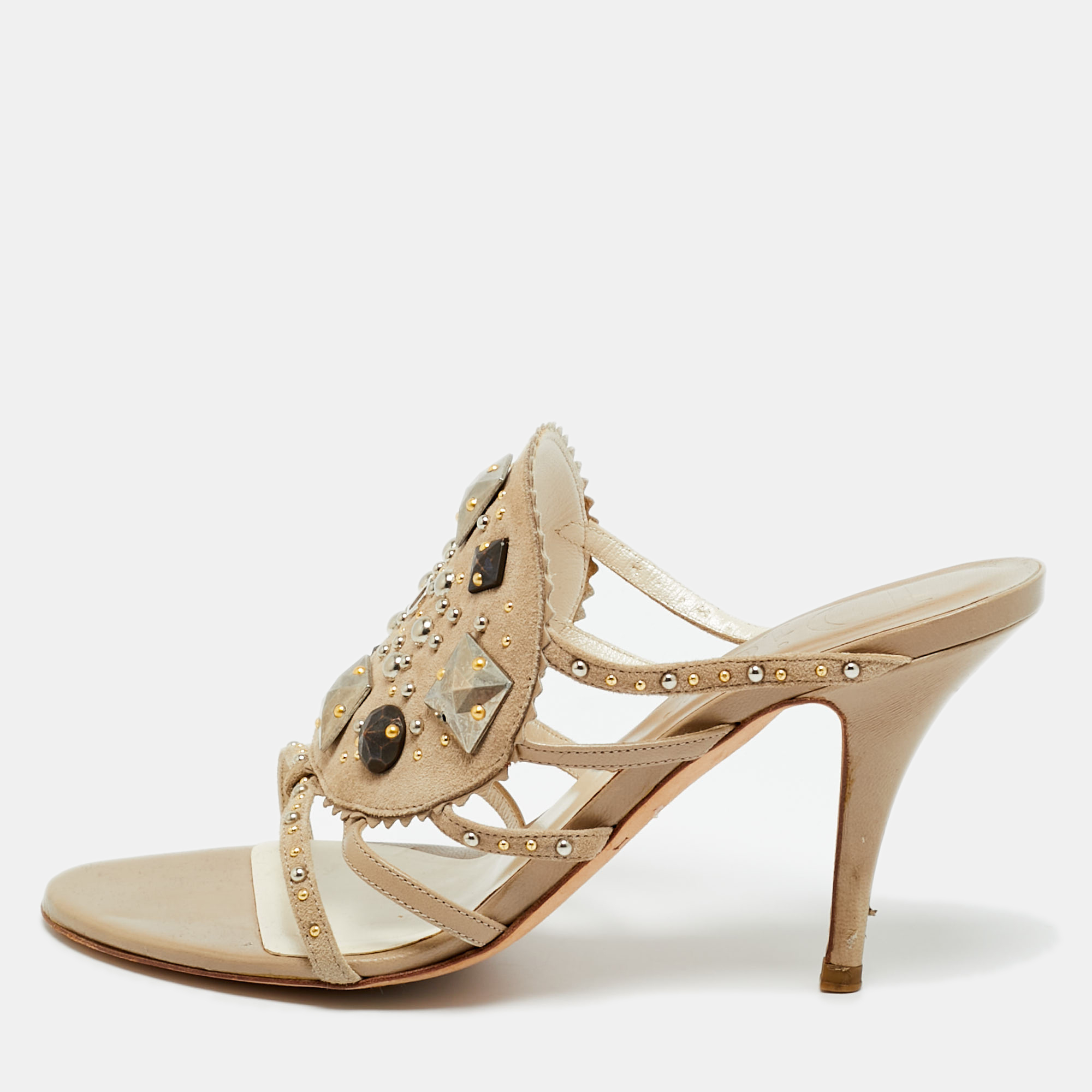 Pre-owned Dior Beige Leather And Suede Studded Embellish Slide Sandals Size 36