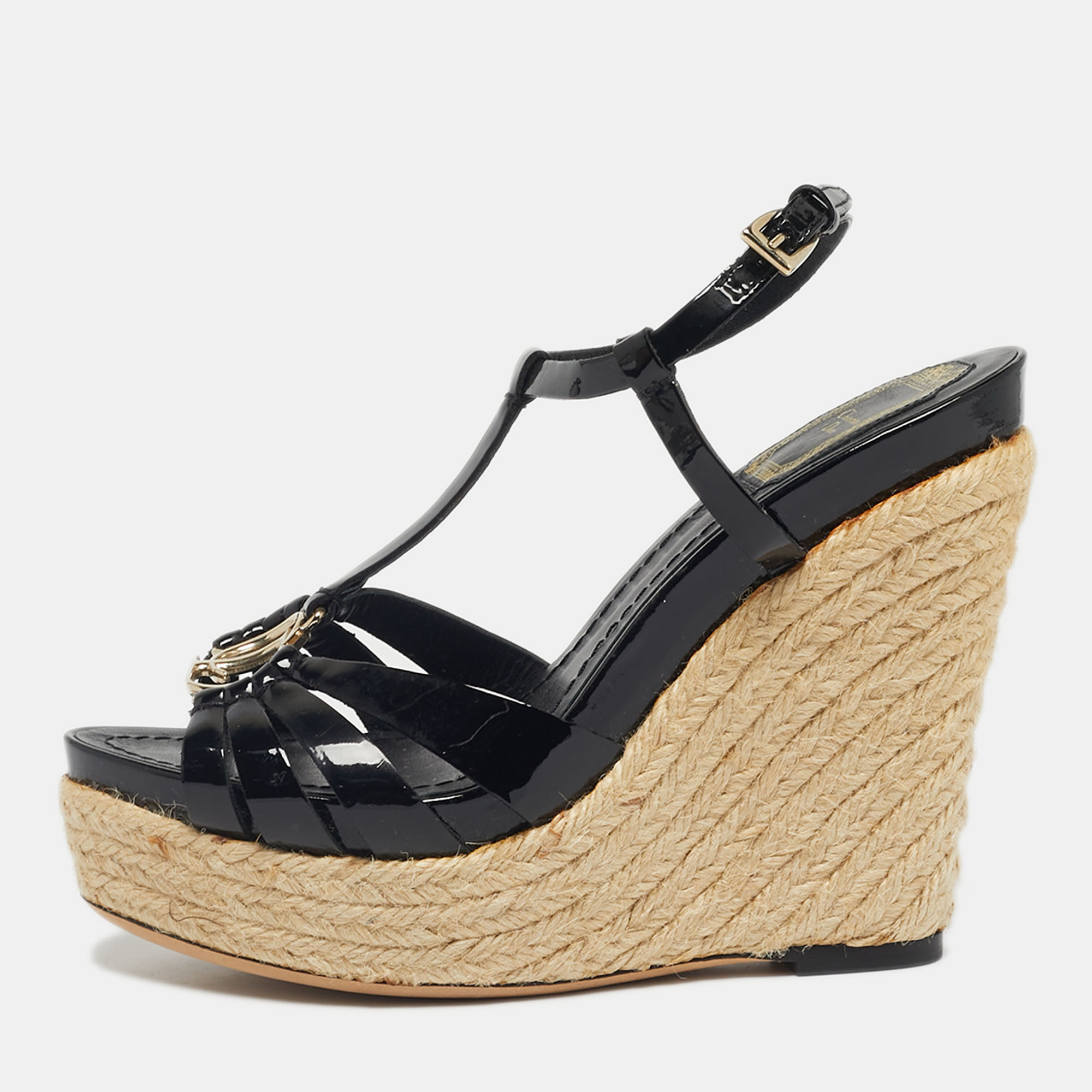 Pre-owned Dior Black Patent Strappy Wedge Sandals Size 36