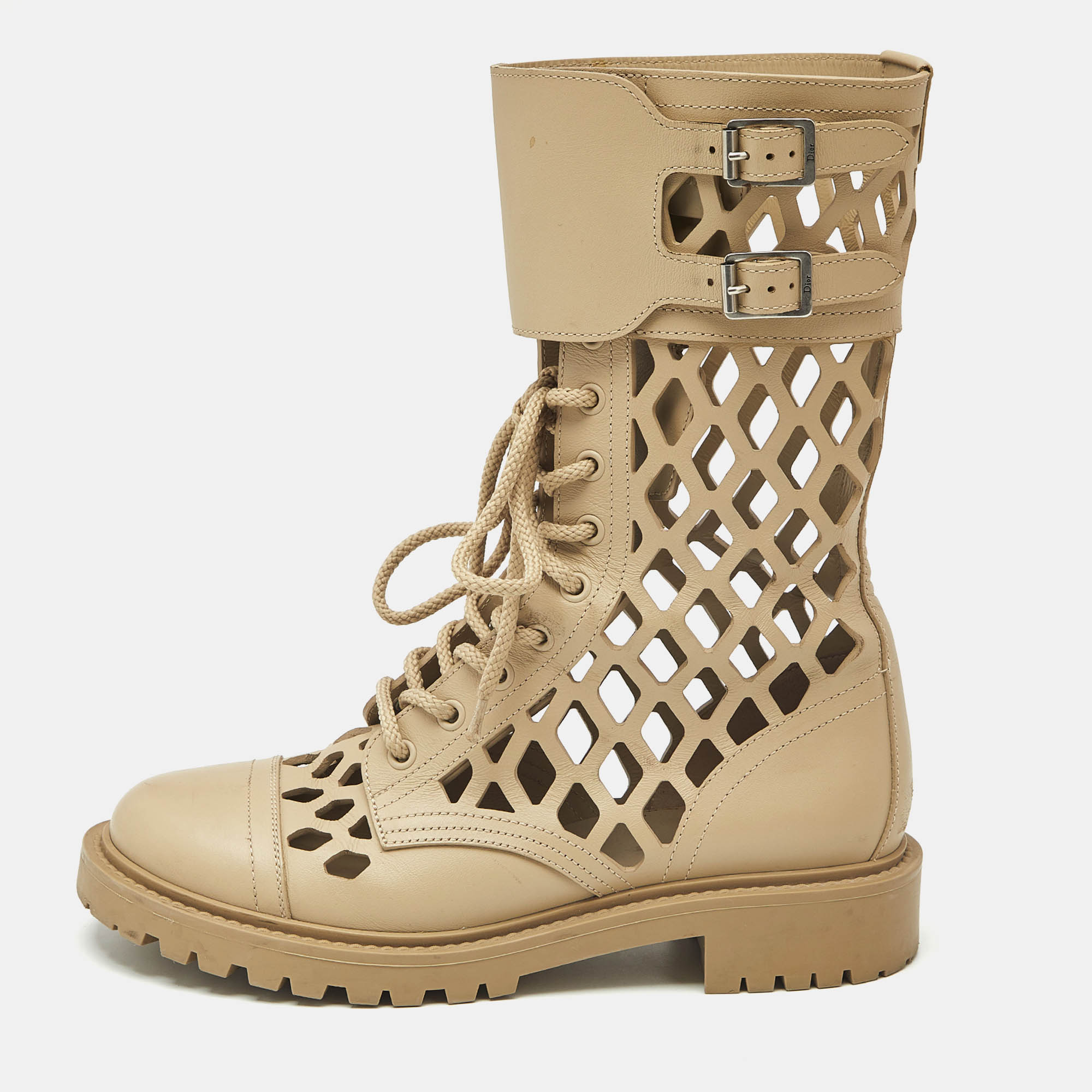 

Dior Beige Leather Laser Cut Accents Combat Boots Size