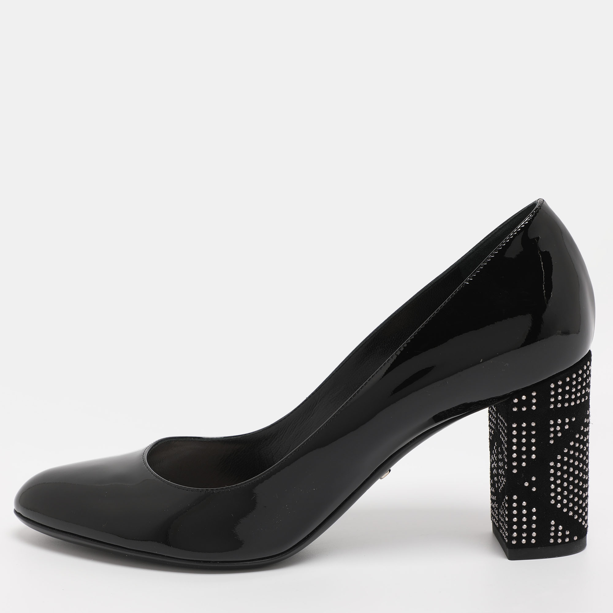 Pre-owned Dior Black Patent Leather Embellished Block Heel Pumps Size 39.5