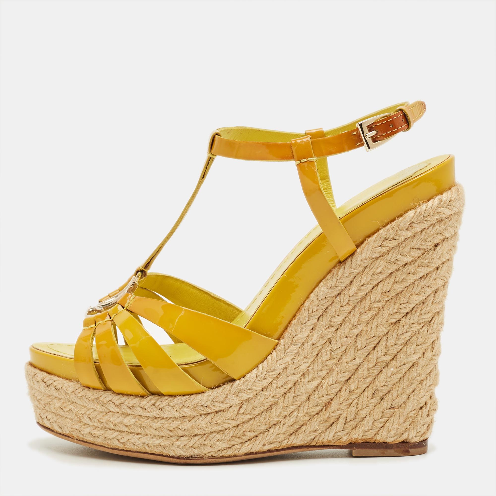 Pre-owned Dior Yellow Patent Leather Cd T-strap Espadrille Wedge Sandals Size 35.5