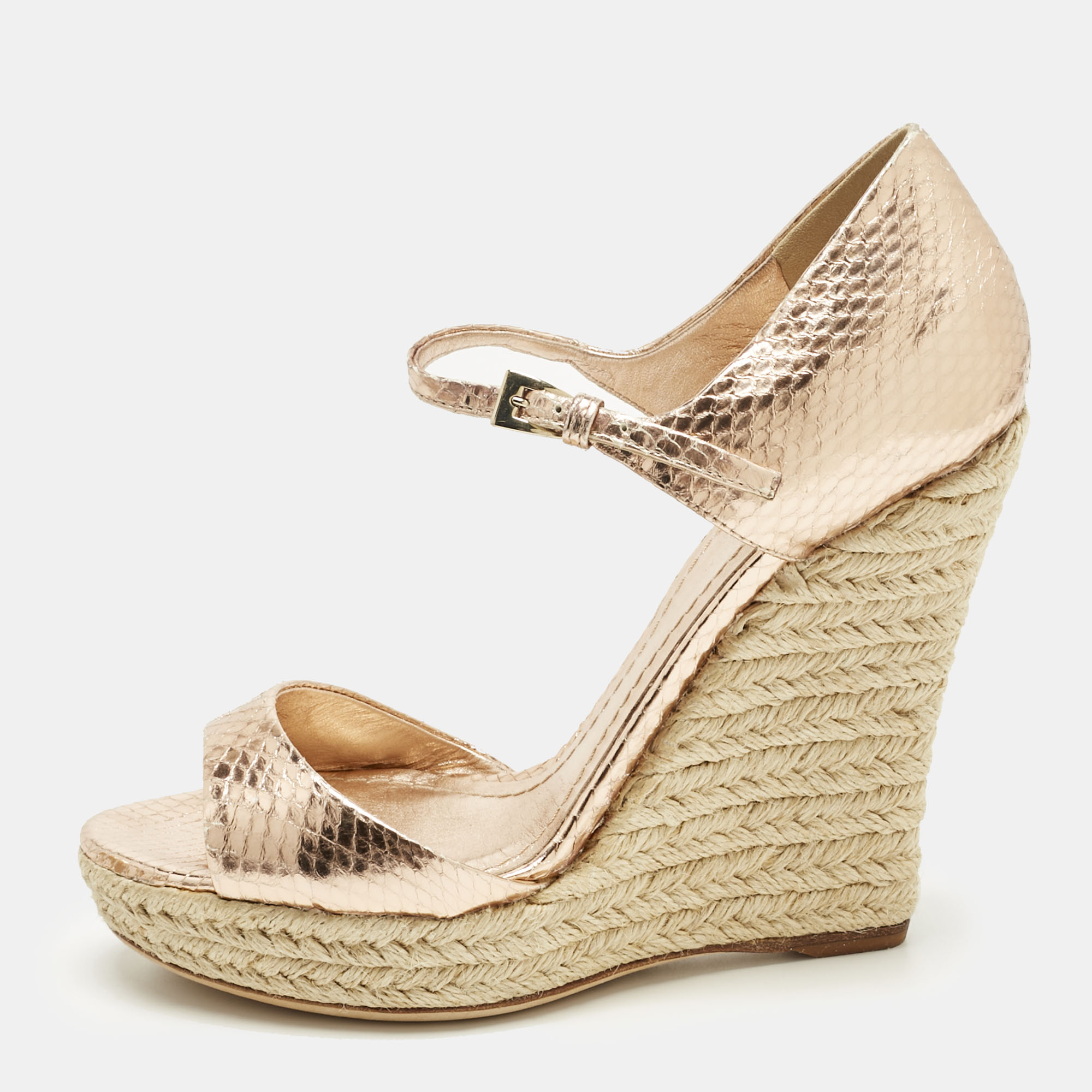 Pre-owned Dior Gold Rose Snakeskin Embossed Leather Wedge Sandals Size 36