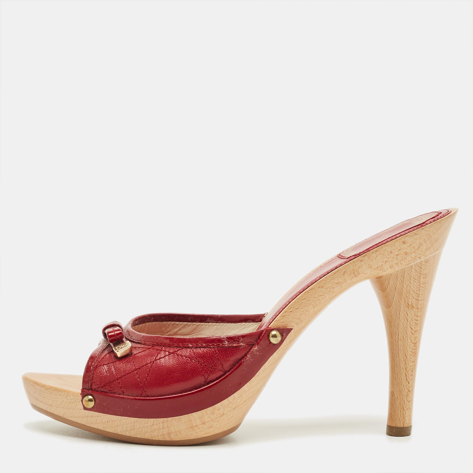 Pre-owned Dior Red Patent And Leather Slide Sandals Size 37.5