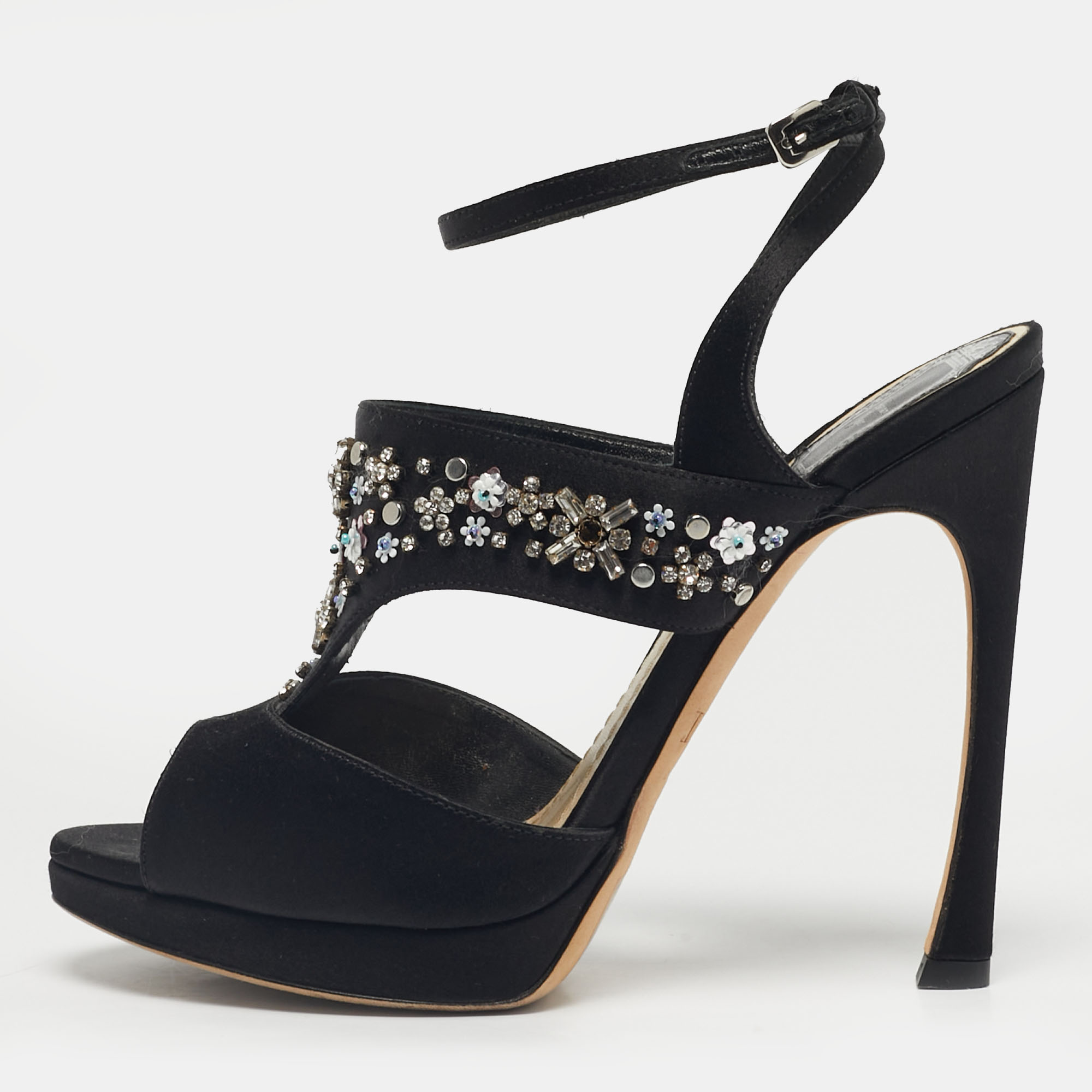 Pre-owned Dior Black Satin Crystal Embellished Ankle Strap Sandals Size 37.5