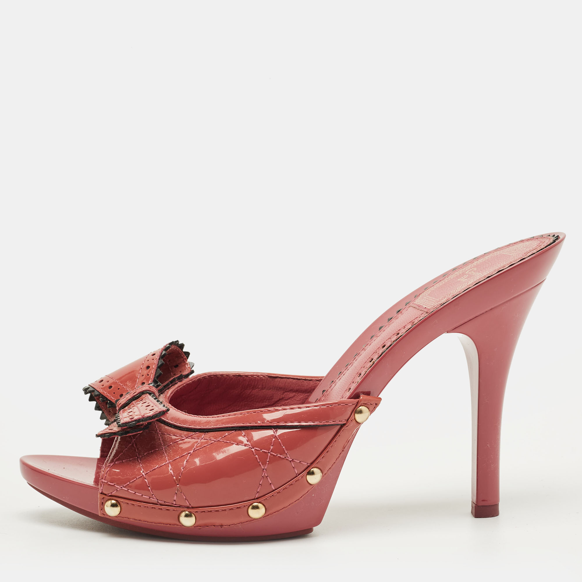 Pre-owned Dior Pink Patent Leather Bow Slide Sandals Size 37.5