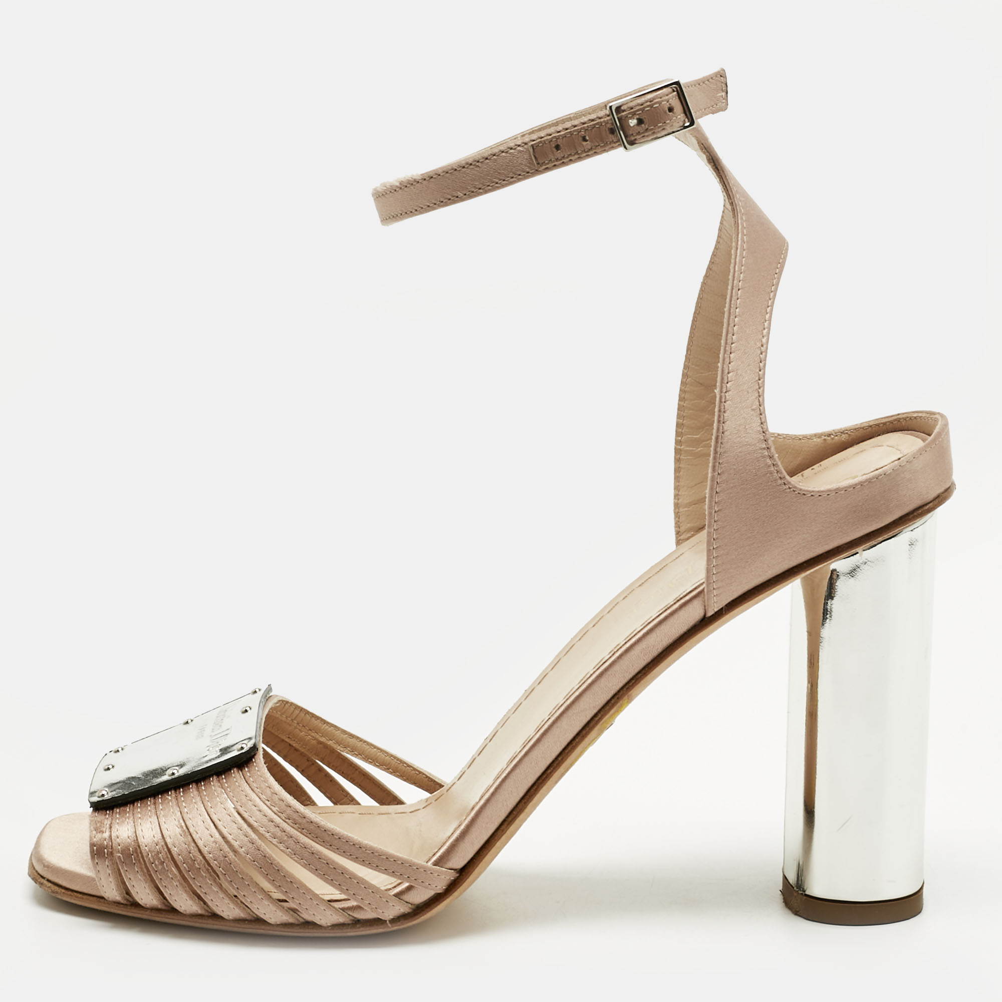 

Dior Beige Satin Ankle Strap Block Heel Sandals Size