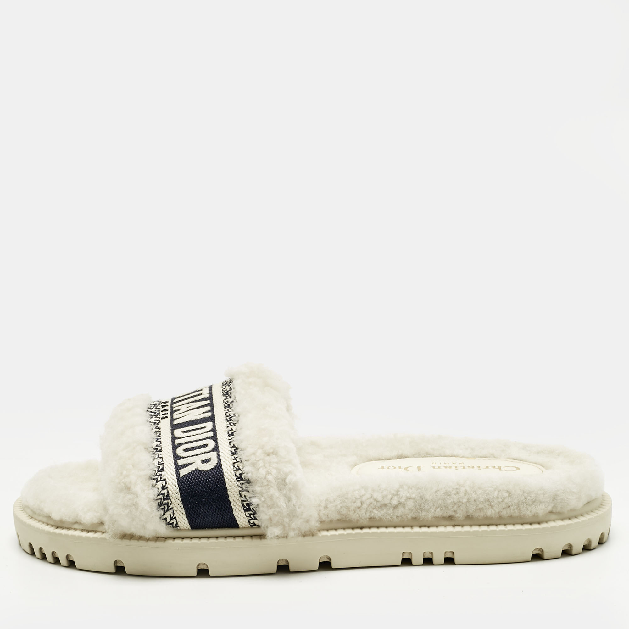 Pre-owned Dior White/navy Blue Shearling Fur And Logo Canvas Dway Flat Slides Size 38