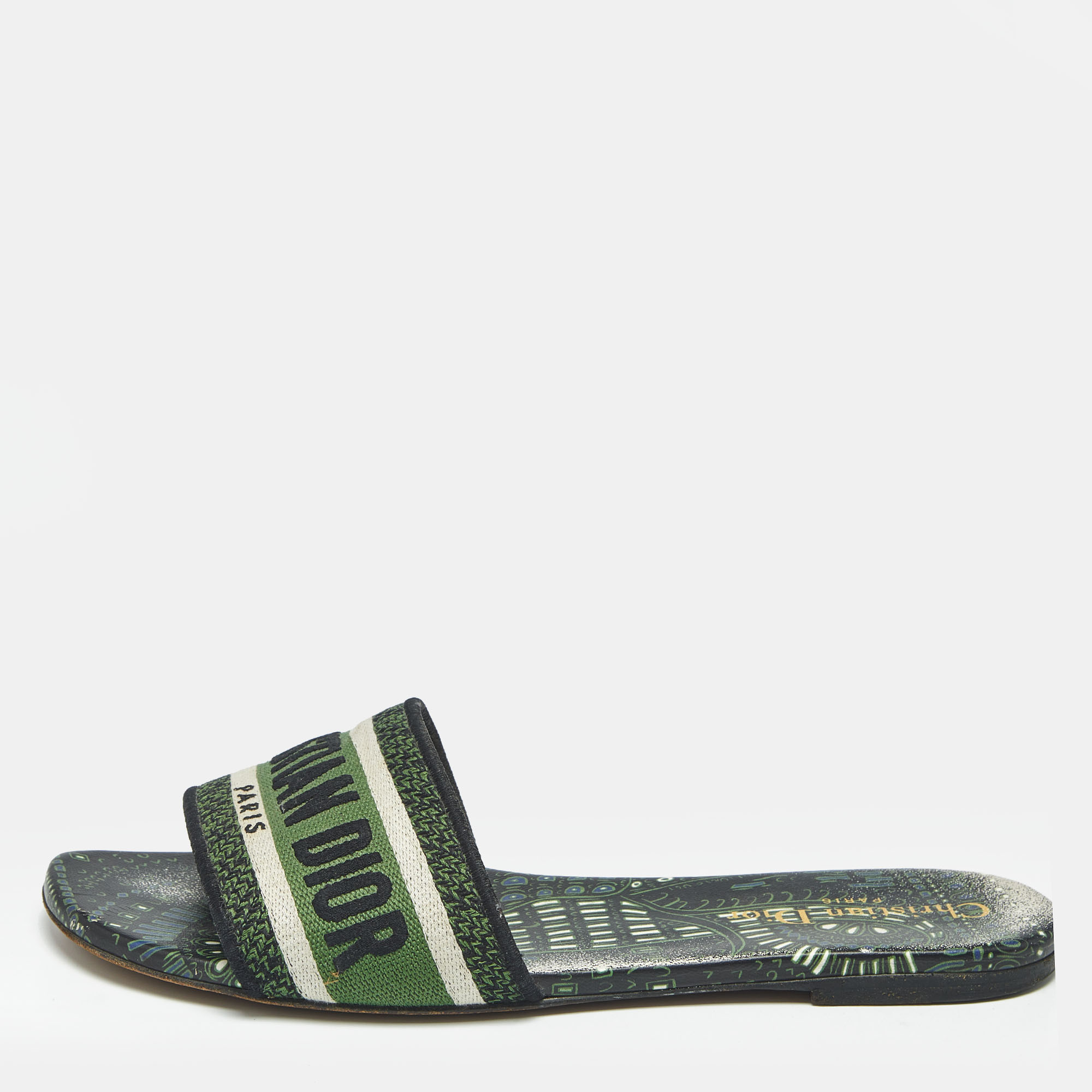 Pre-owned Dior Green Canvas Dway Flat Slides Size 38
