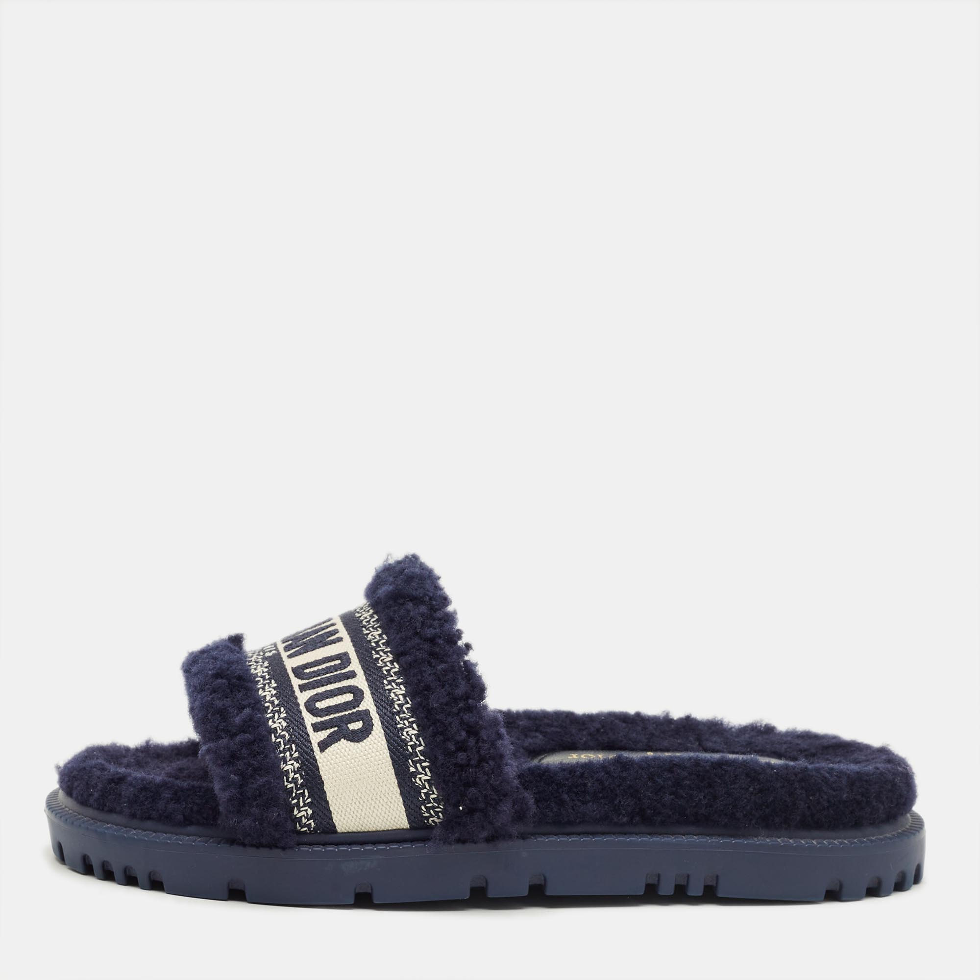 Pre-owned Dior Navy Blue Shearling Dway Flat Slides Size 36