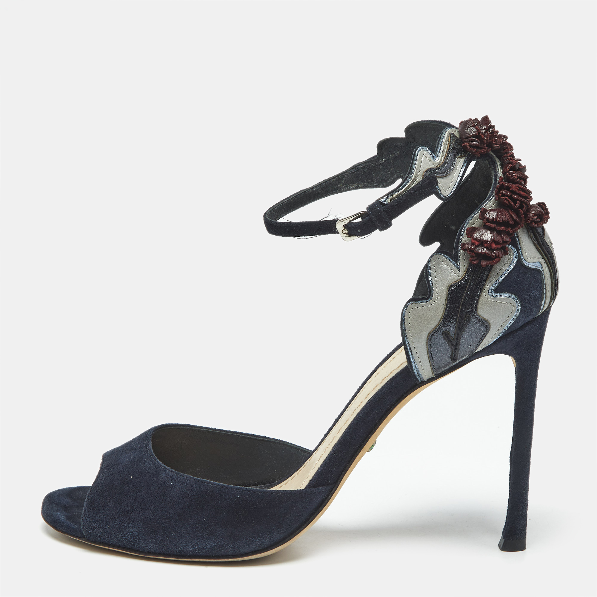 Pre-owned Dior Navy Blue/black Leather And Suede Ankle Strap Sandals Size 38
