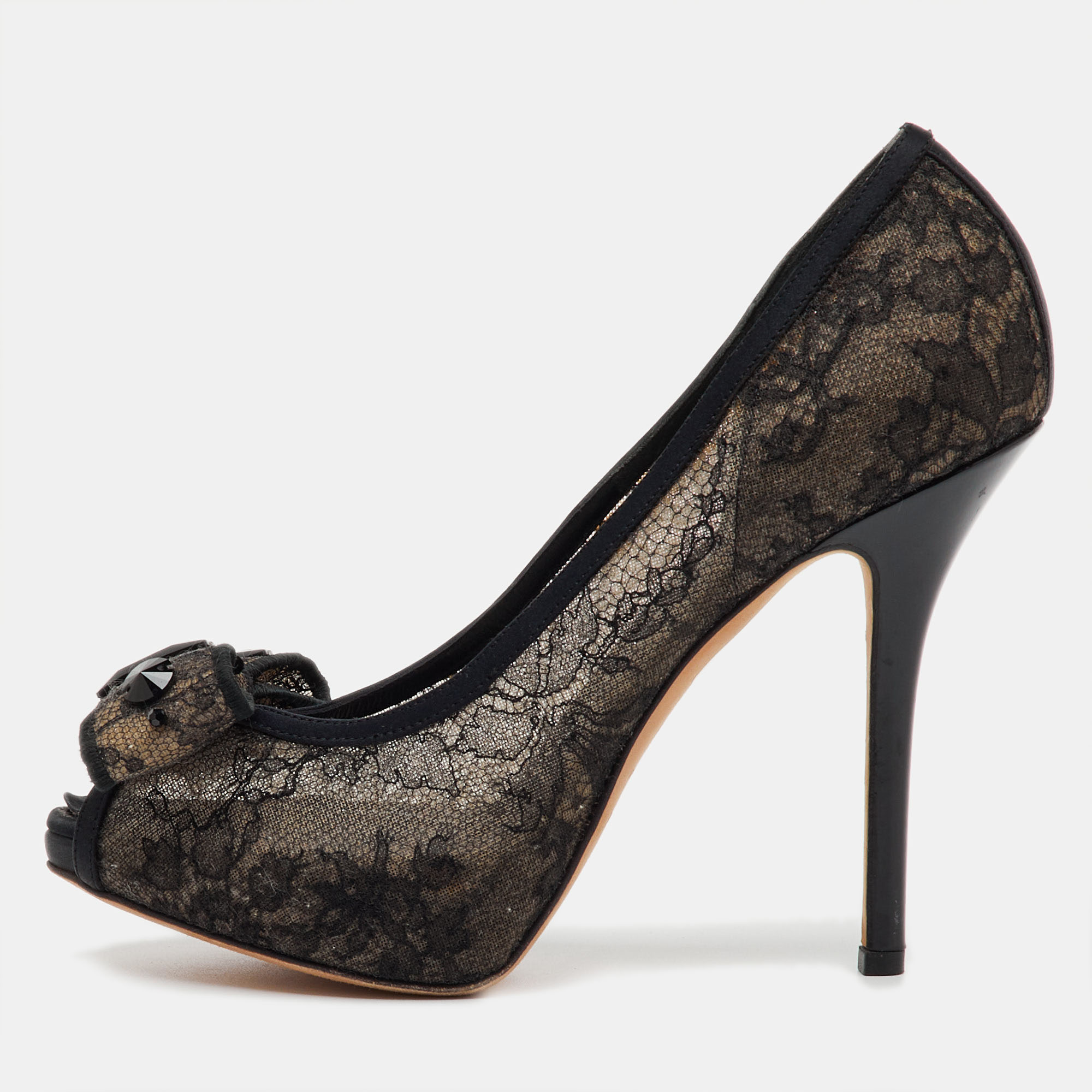 Pre-owned Dior Black Mesh And Fabric Bow Peep Toe Platform Pumps Size 37.5