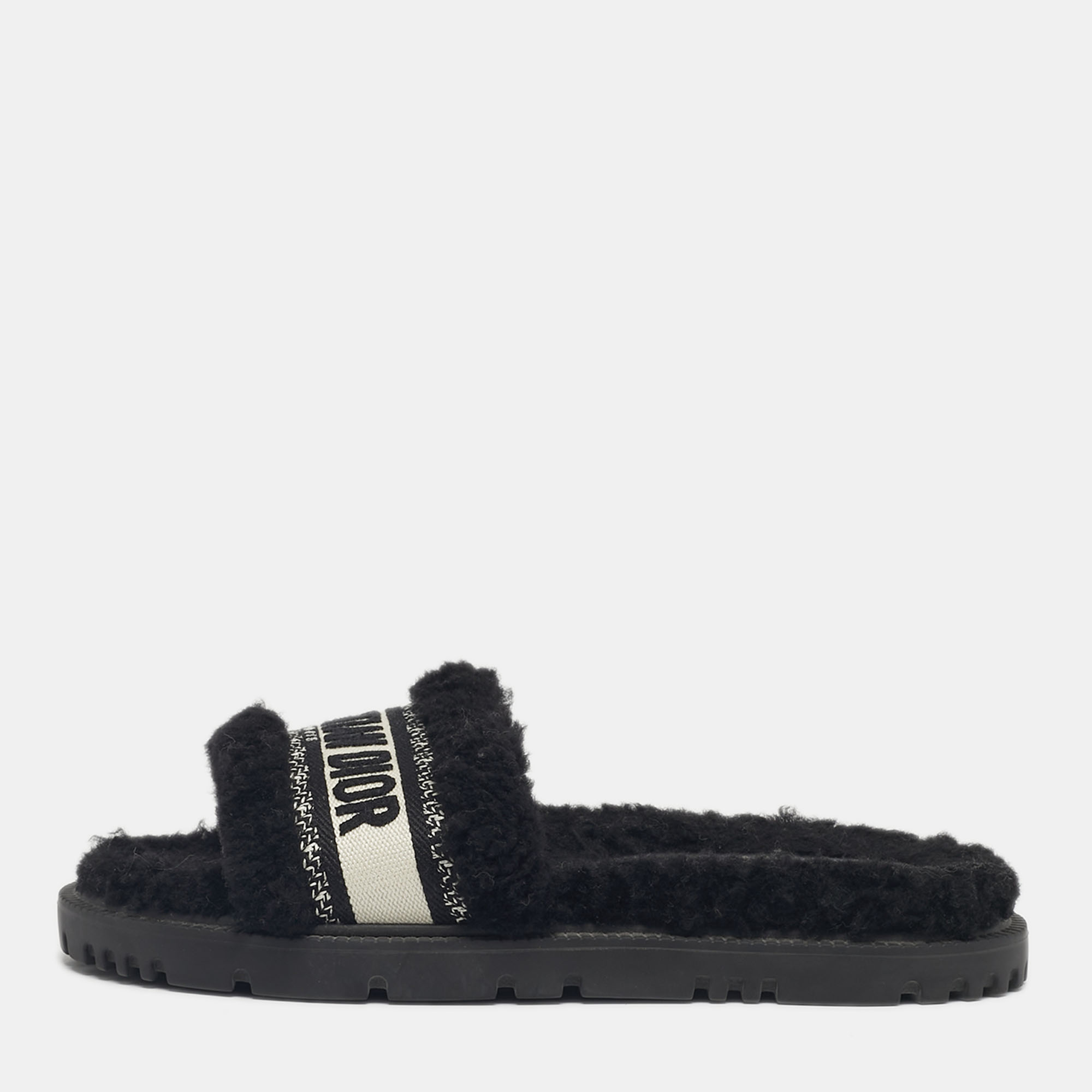 DIOR Pre-owned Black/white Shearling Fur Dway Flat Slide Sandals Size 38.5