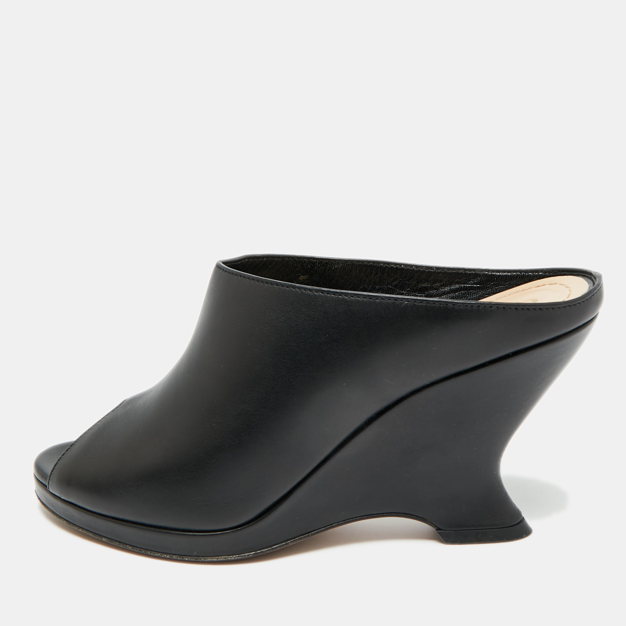 Pre-owned Dior Black Leather Peep Toe Wedge Slide Sandals Size 38