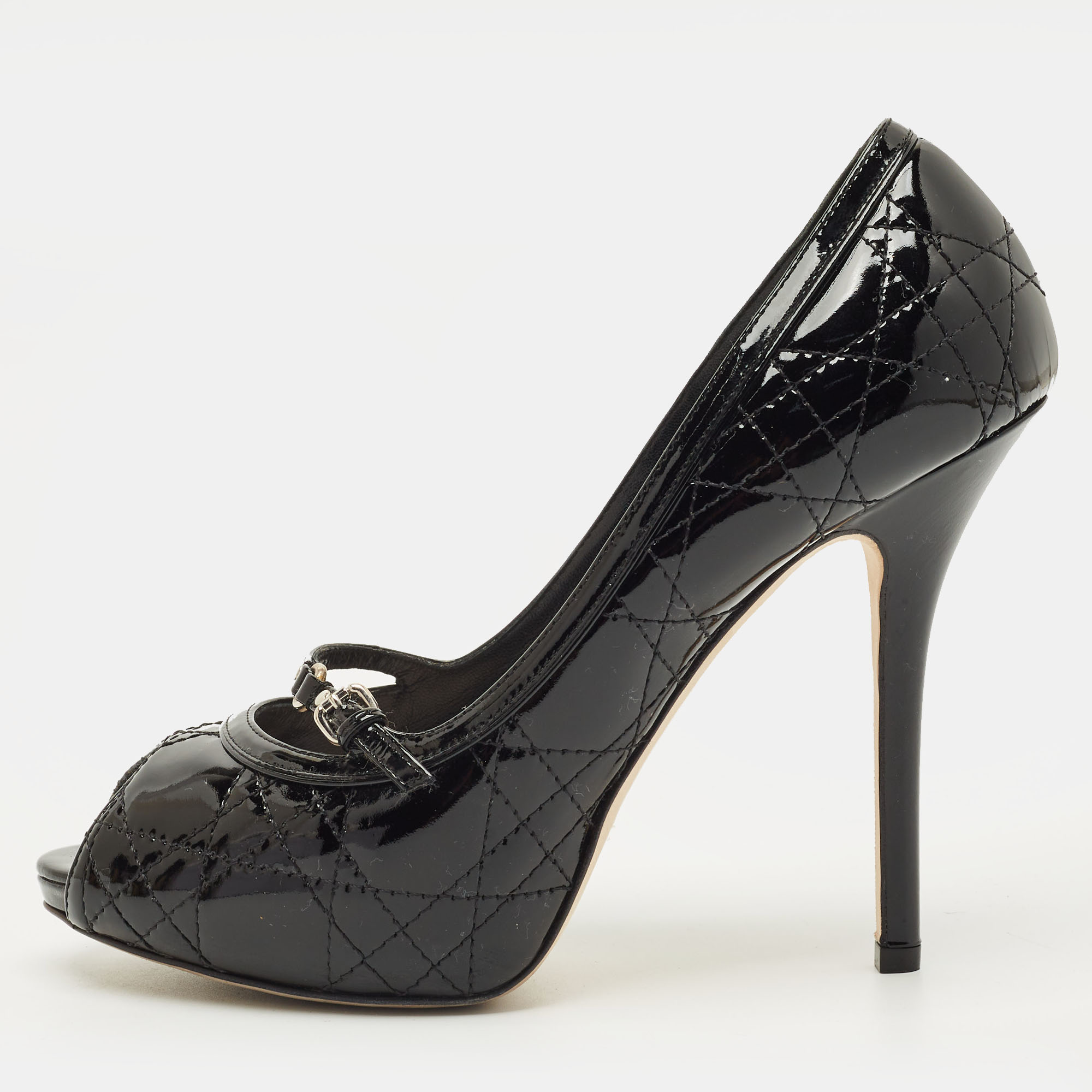 

Dior Size  Black Quilted Cannage Patent Leather Peep Toe Pumps