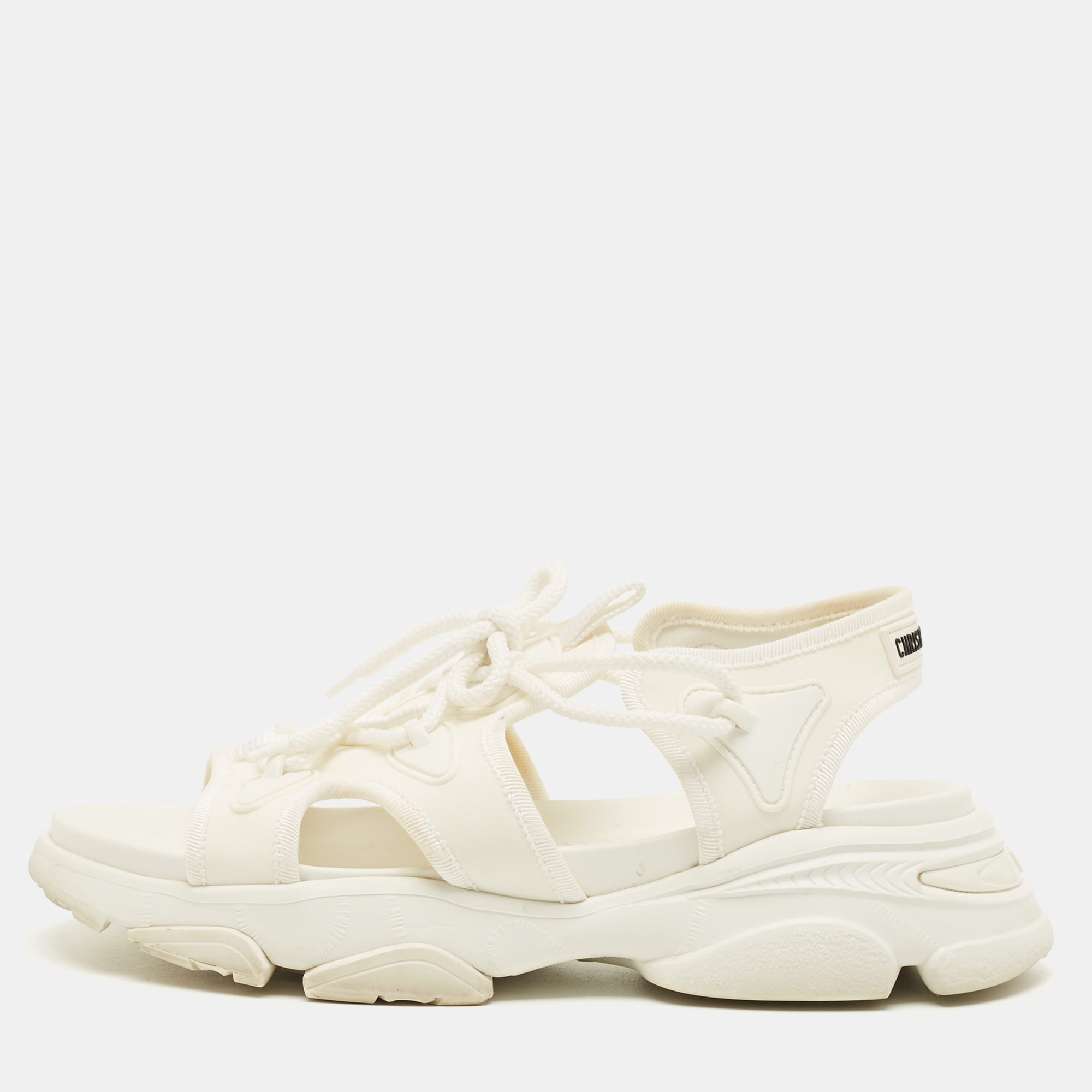 Pre-owned Dior D-connect Size 38.5 White Fabric And Rubber Flat Sandals