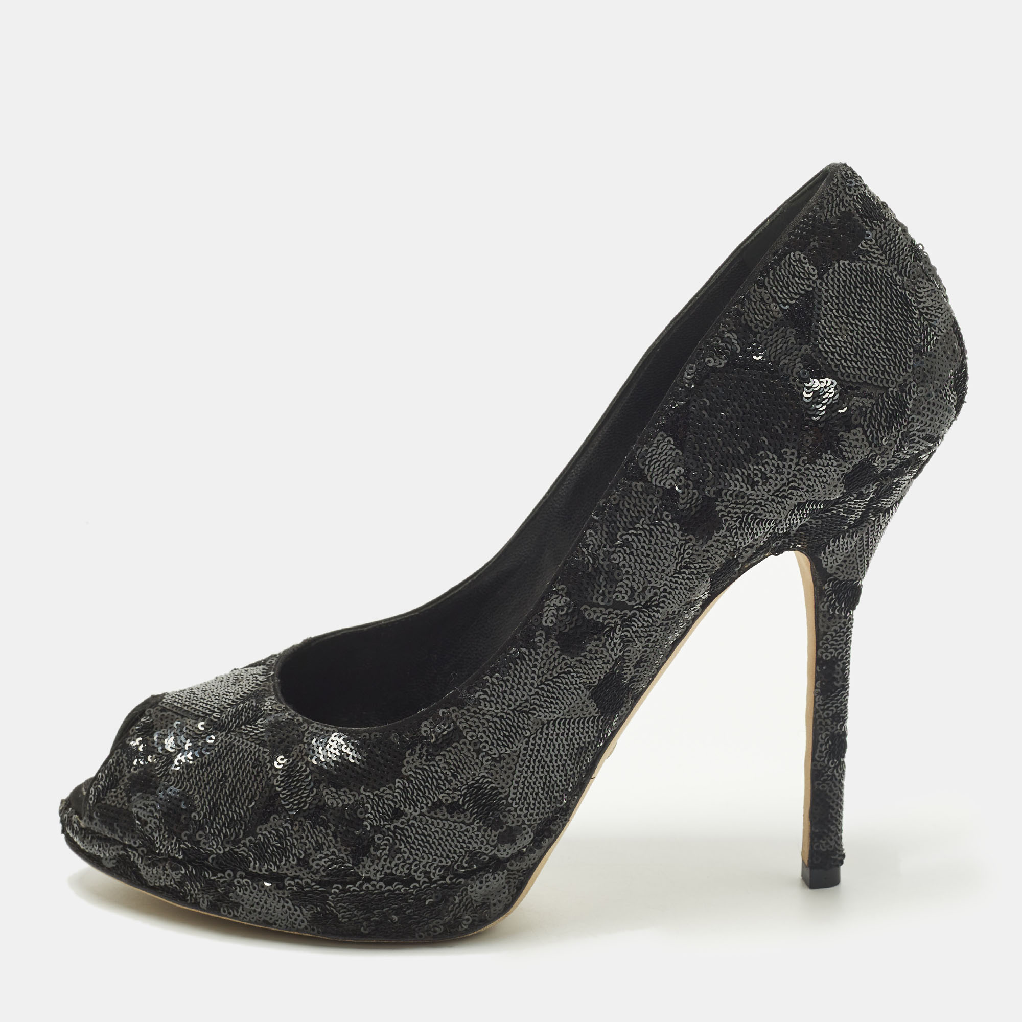 Click to view more detailed imagery on our partner's website Pre-owned Dior Size 40 Black Sequins Peep Toe Platform Pumps