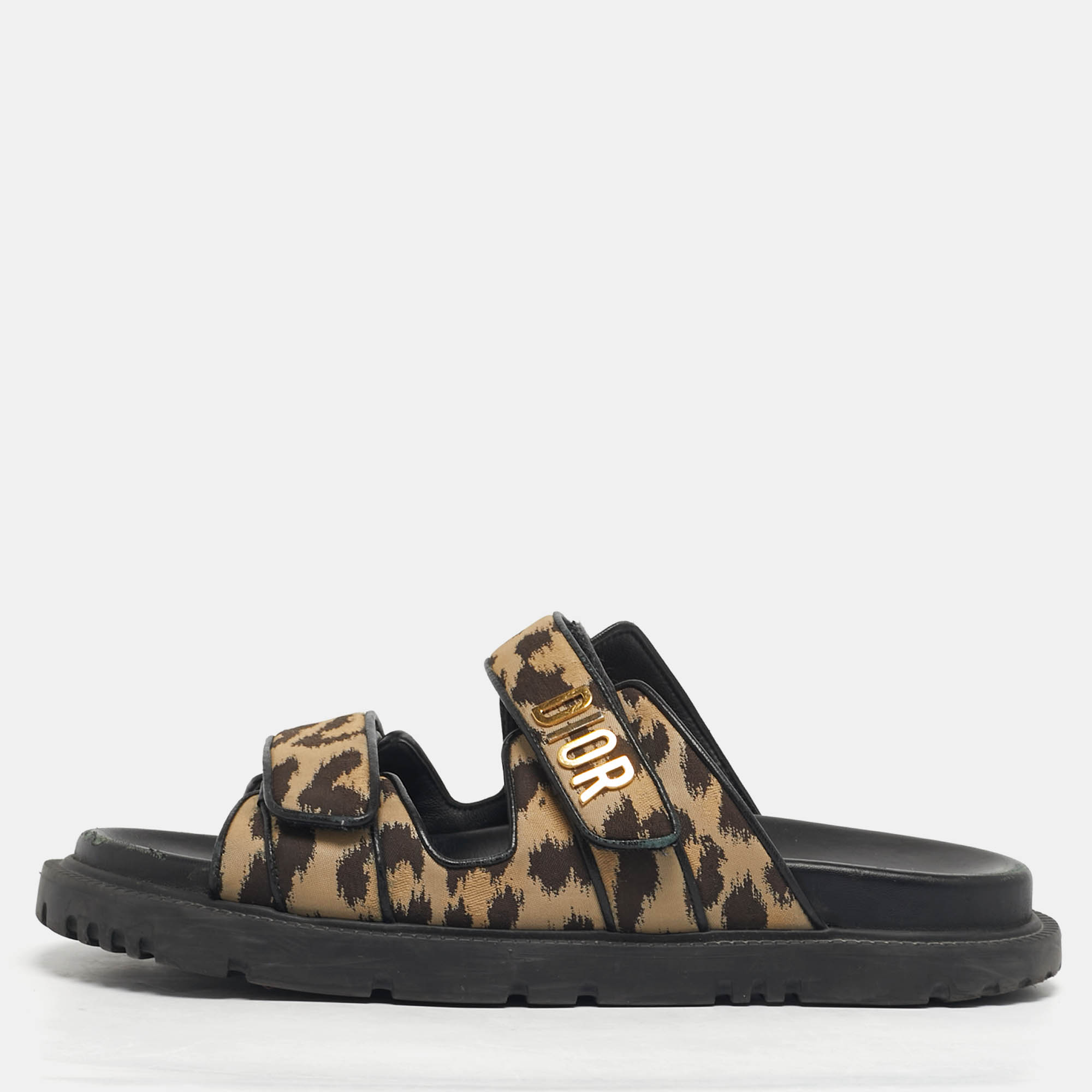 Pre-owned Dior Act Size 38.5 Brown/beige Canvas And Leather Flat Sandals