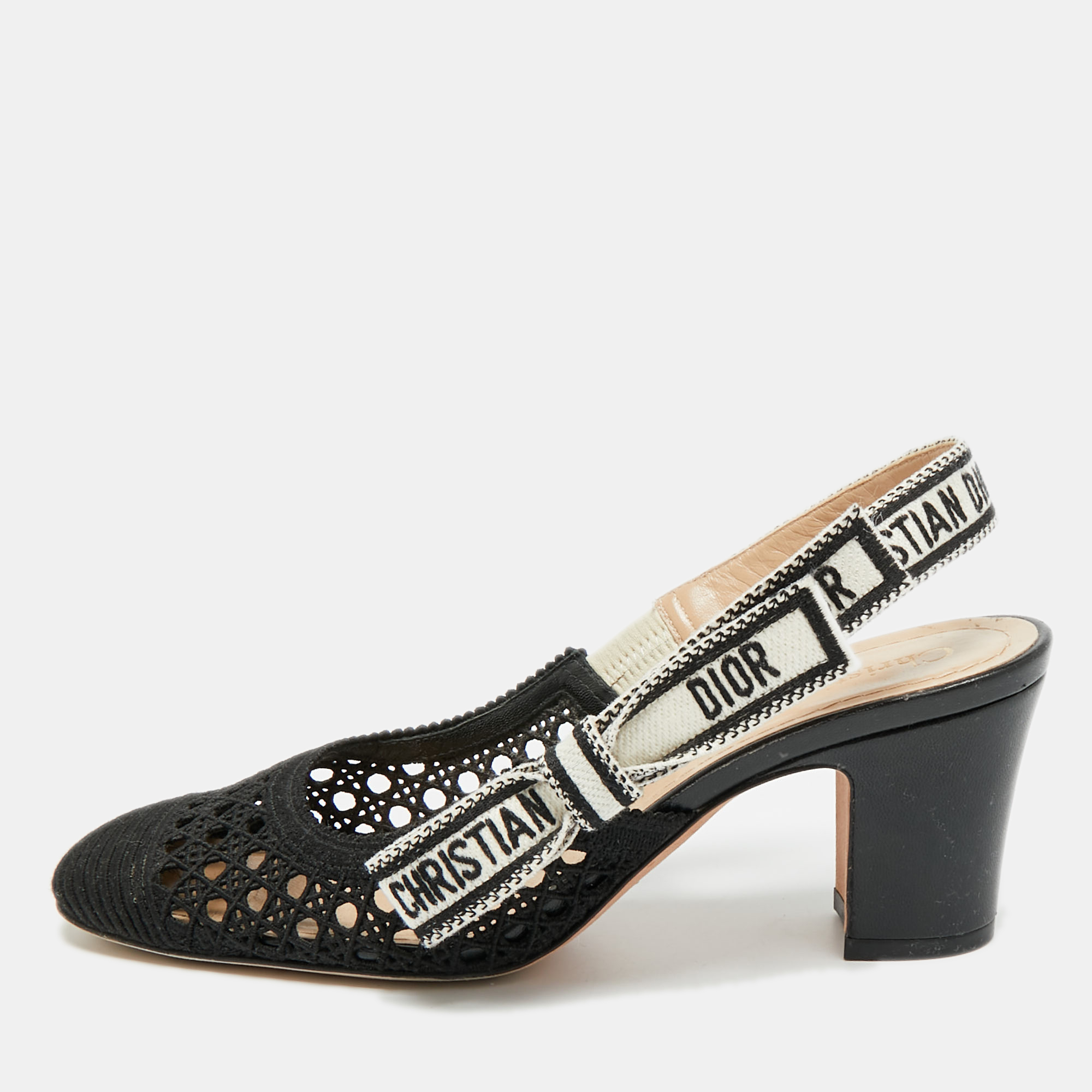 Click to view more detailed imagery on our partner's website Pre-owned Dior & Moi Size 35 Black Cannage Fabric And Mesh Slingback Pumps