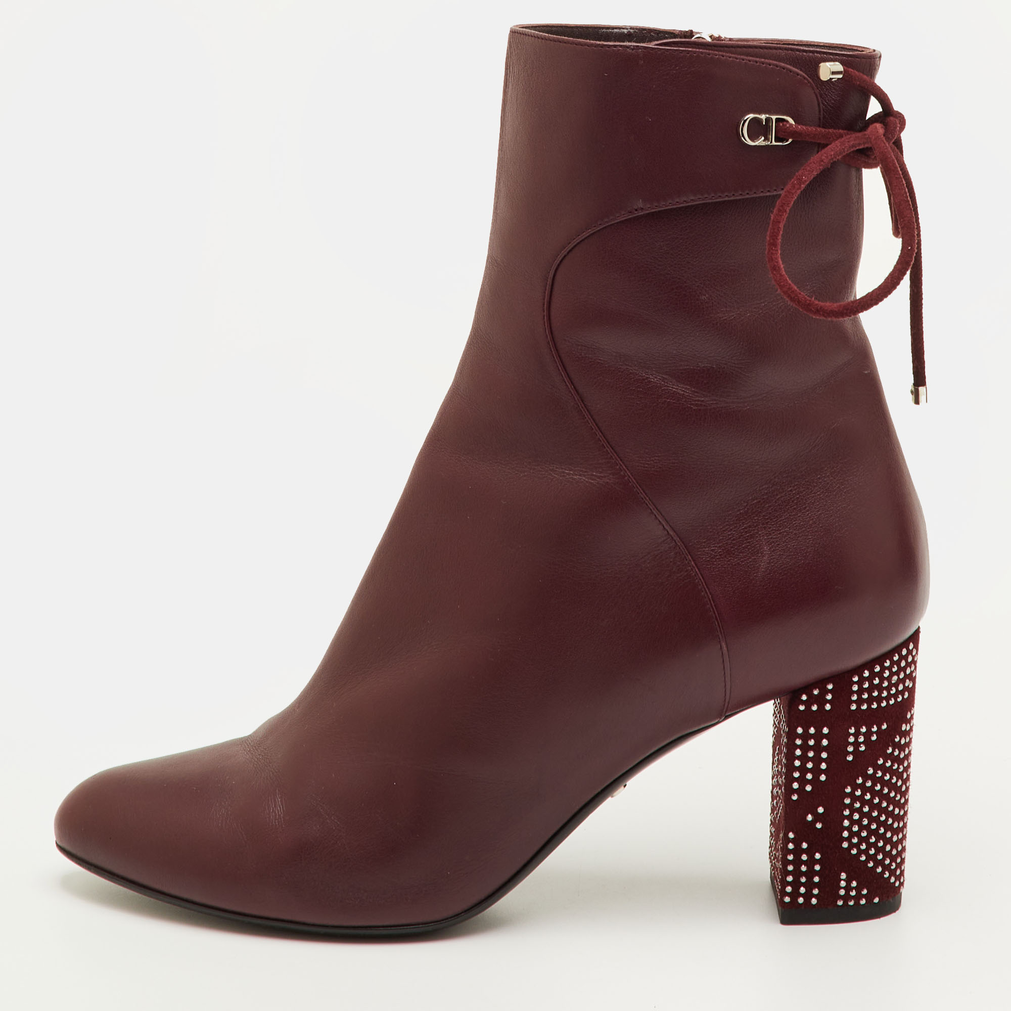 

Dior Size  Burgundy Leather Studded Cannage Block Heel Ankle Length Boots