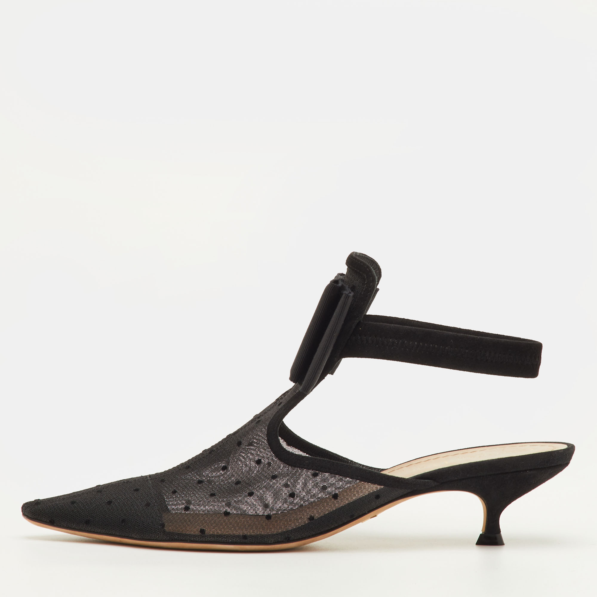 

Dior Size  Black Mesh and Suede Trim Polka Dot Bow Pointed Toe Slingback Mules