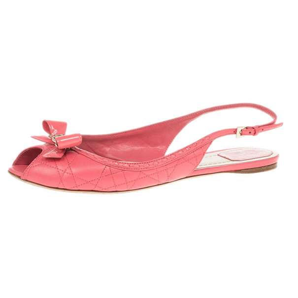 Pre Owned Dior Coral Cannage Leather Bow Flat Slingback Sandals Size 41