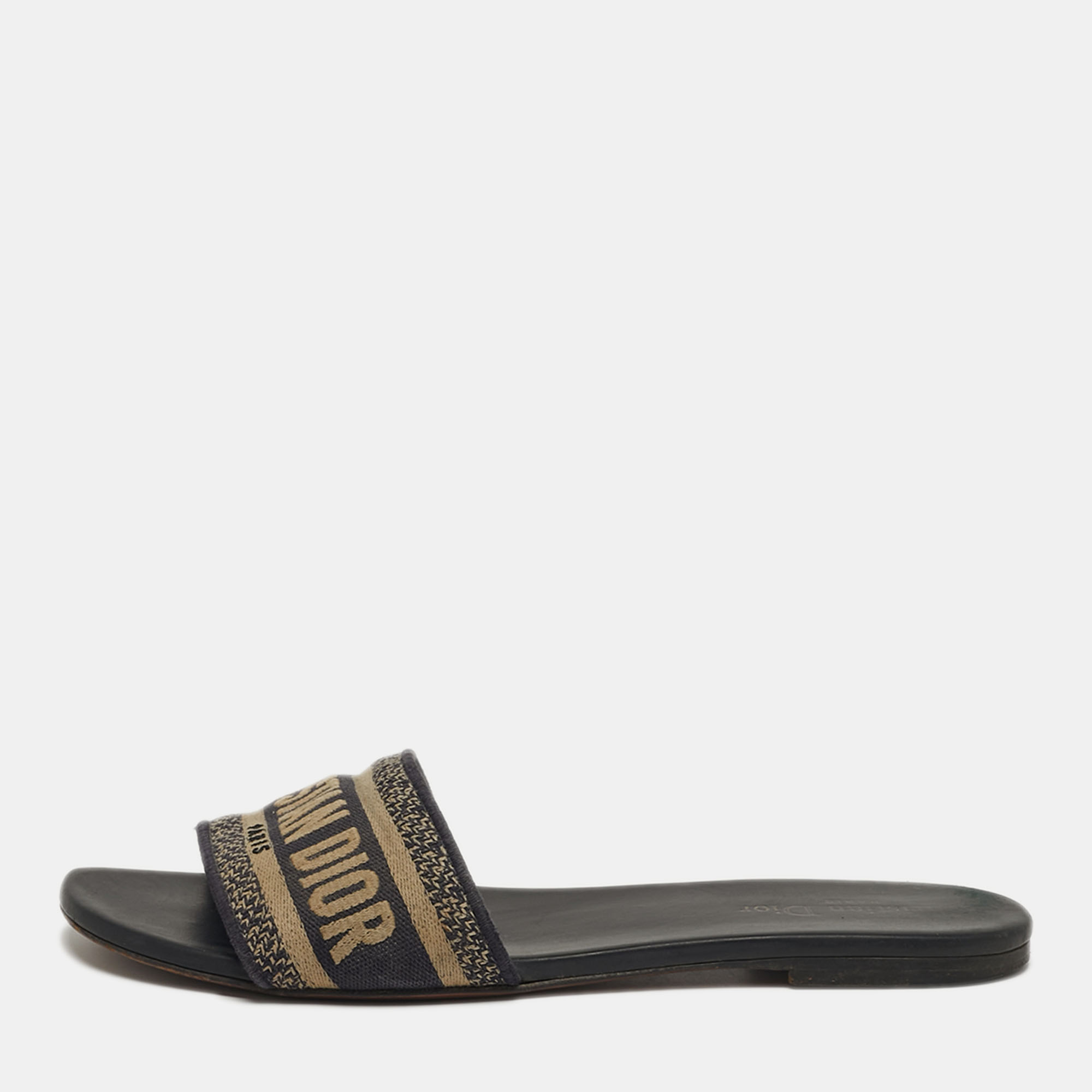 Pre-owned Dior Dway Size 39.5 Navy Blue Embroidered Canvas Flat Slides