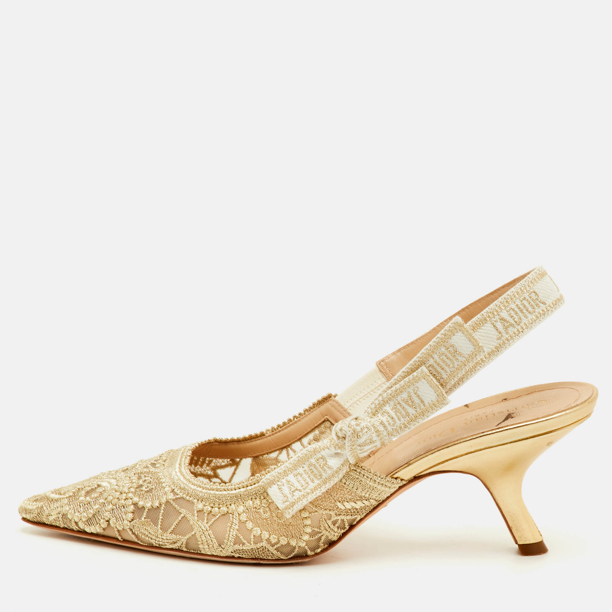 

Dior J'Adior Size  Gold Metallic Mesh Embroidered Slingback Pumps