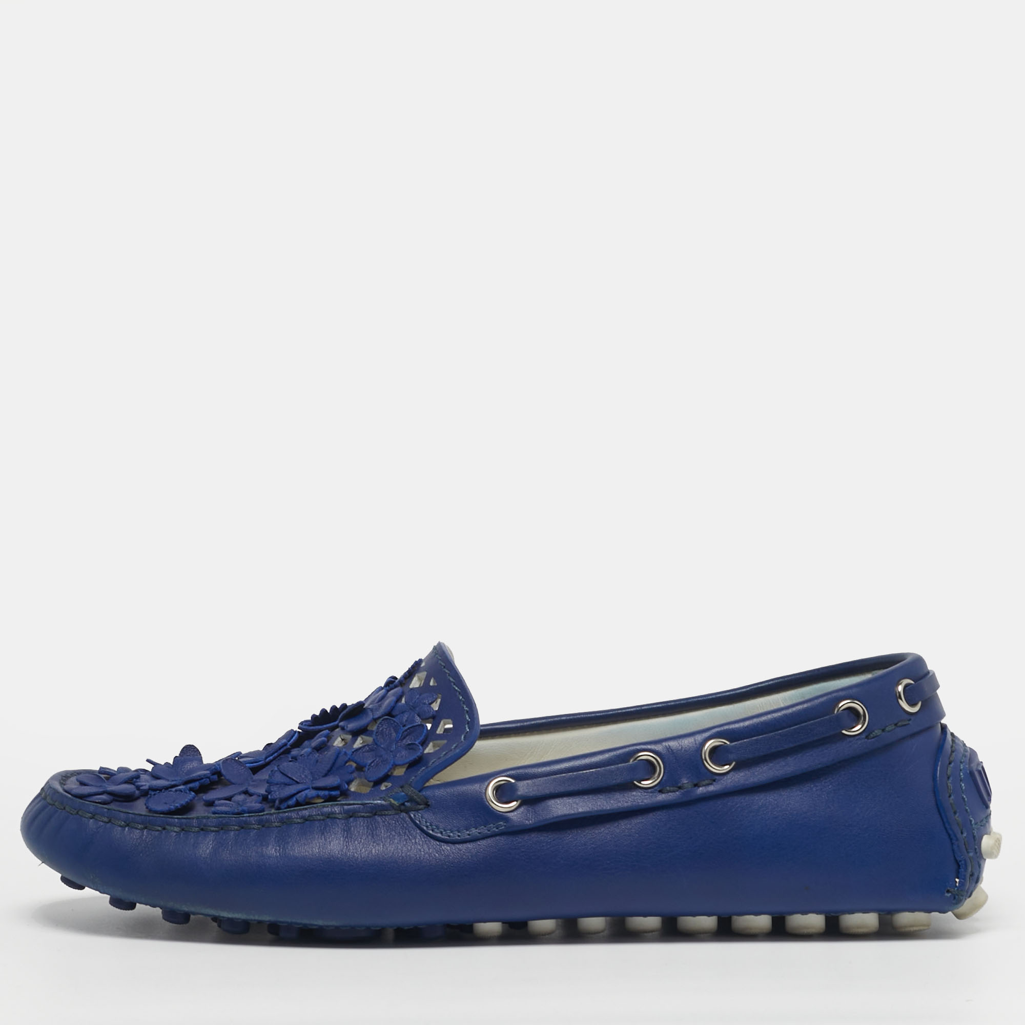 

Dior Size  Blue Leather Cutout Flora Embellished Driver Loafers
