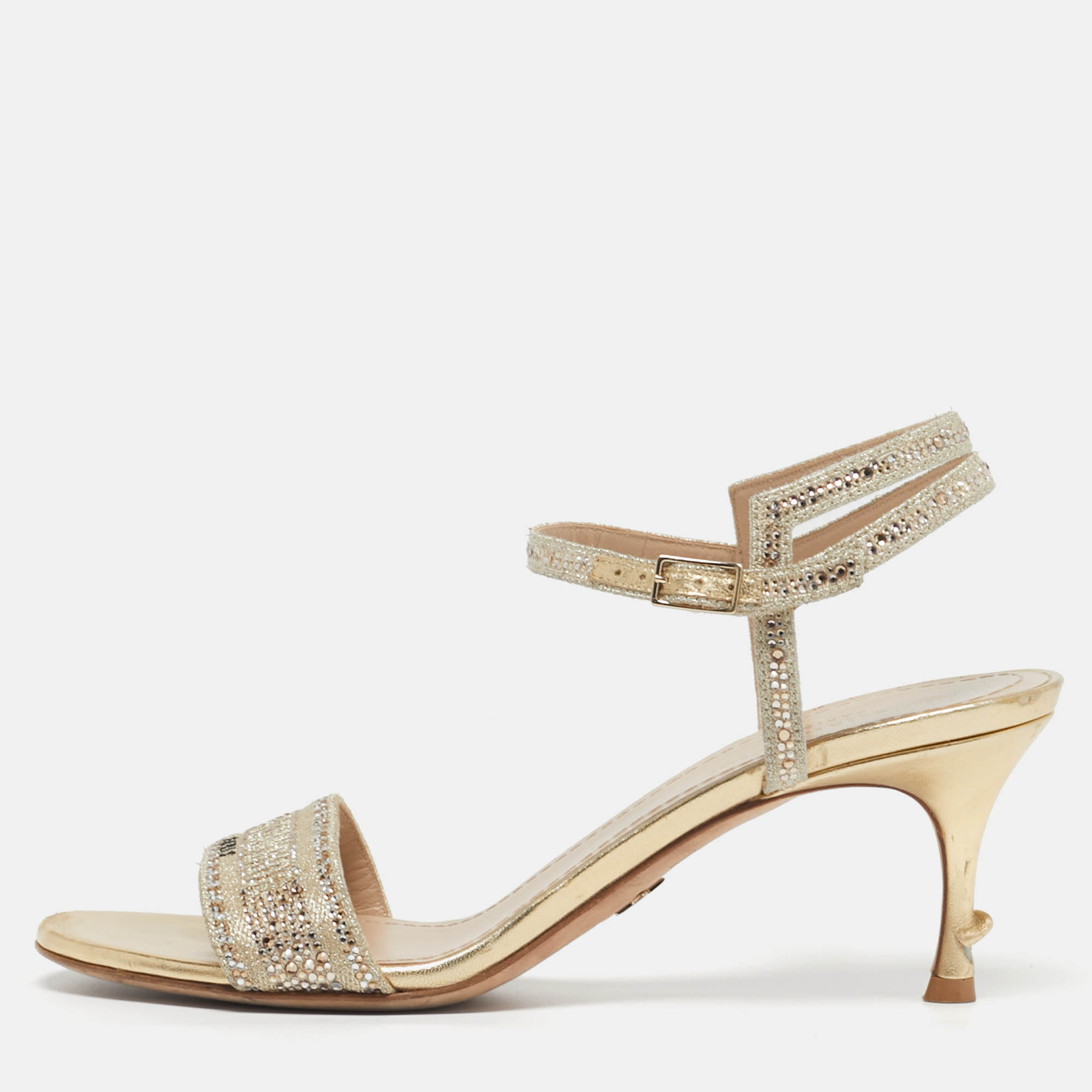 

Dior Dway Size  Gold Canvas Crystal Embellished Ankle Strap Sandals