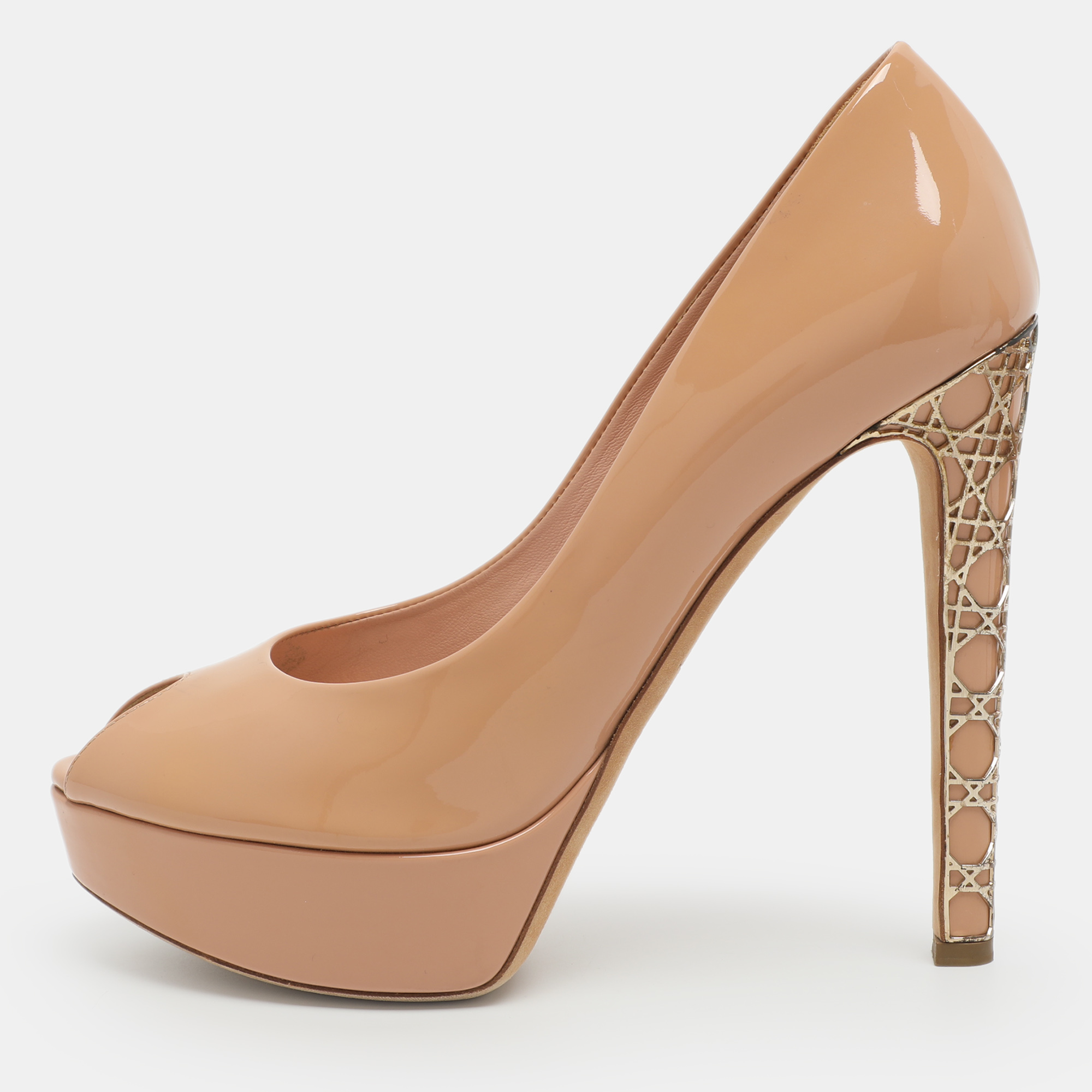 

Dior Miss Dior Size  Beige Patent Leather Peep Toe Platform Pumps