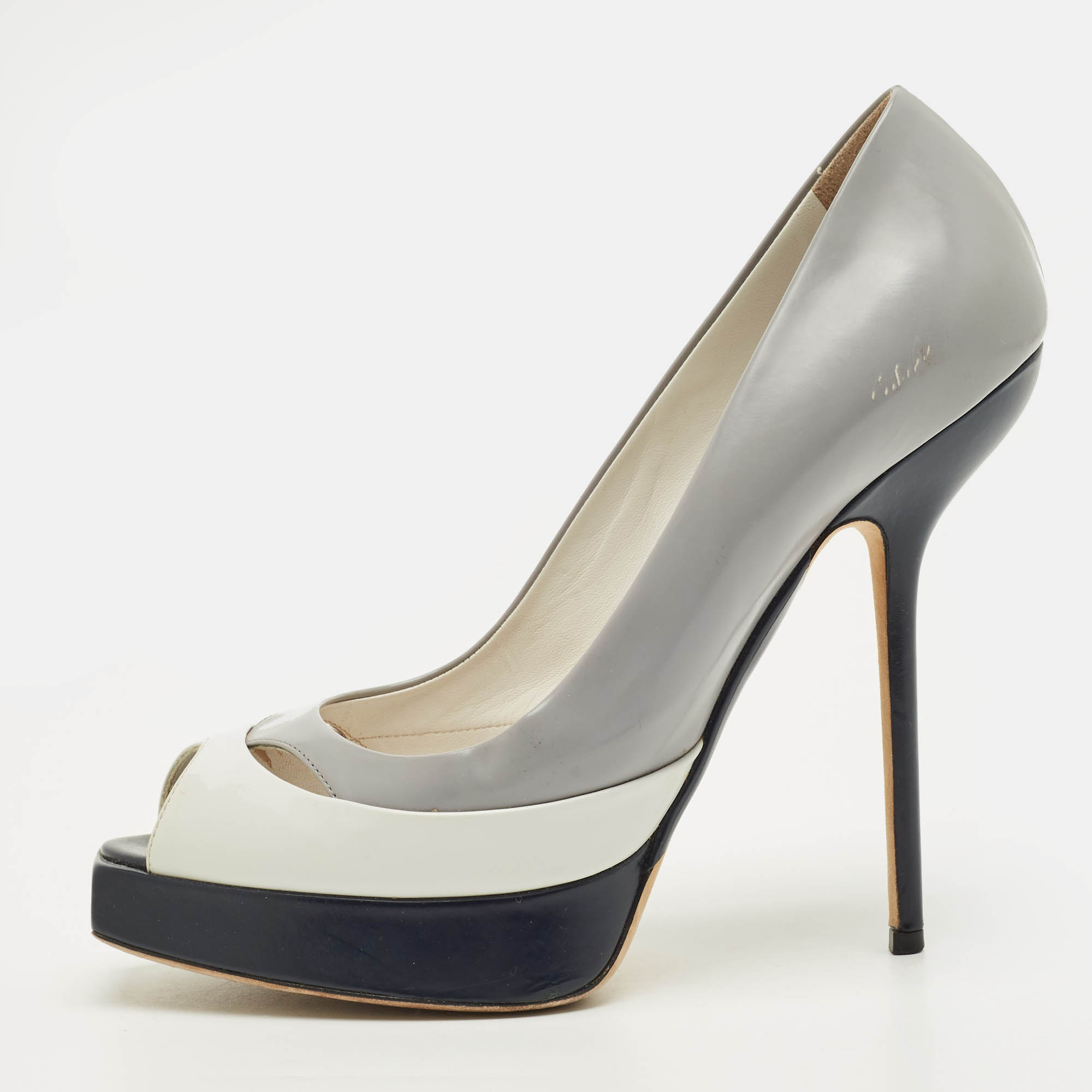

Dior Size  Grey/Navy Blue Leather Platform Peep Toe Pumps