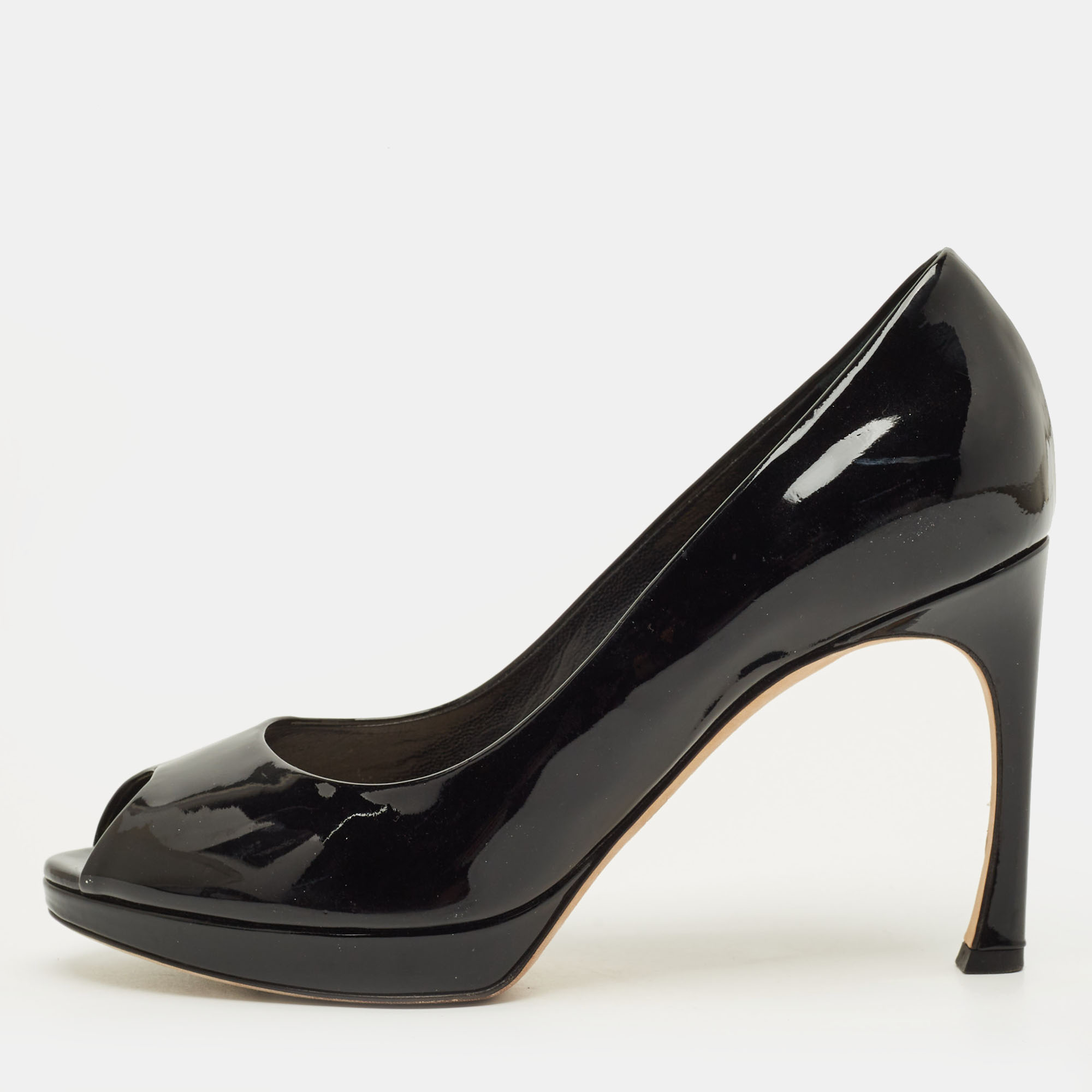 

Dior Diorella Size 37 Black Patent Leather Peep Toe Pumps