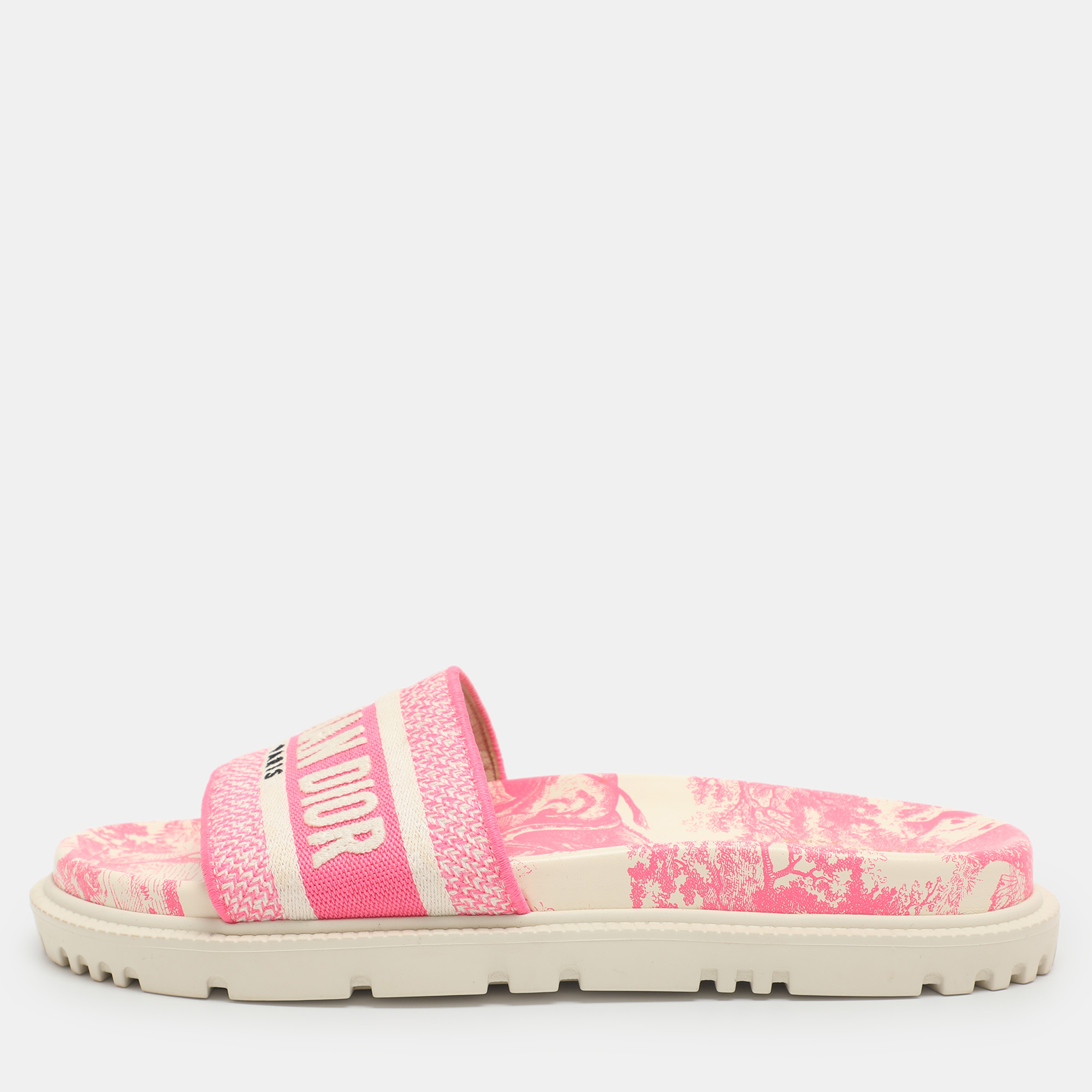 

Dior Dway Size 38 Pink/White Toile De Jouy Embroidered Canvas Flat Slides