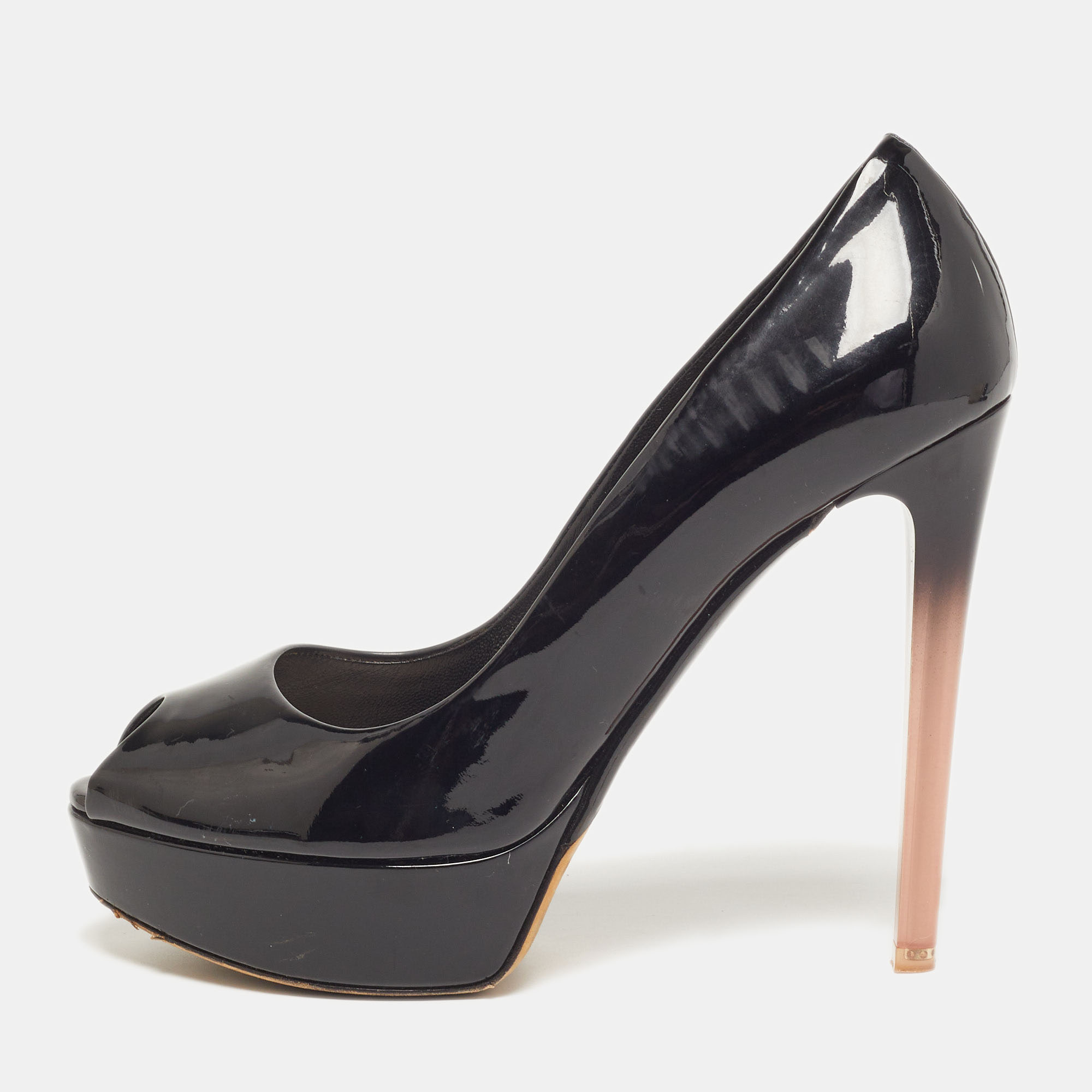 

Dior Gradient Heel Size  Black Patent Leather Platform Peep Toe Pumps